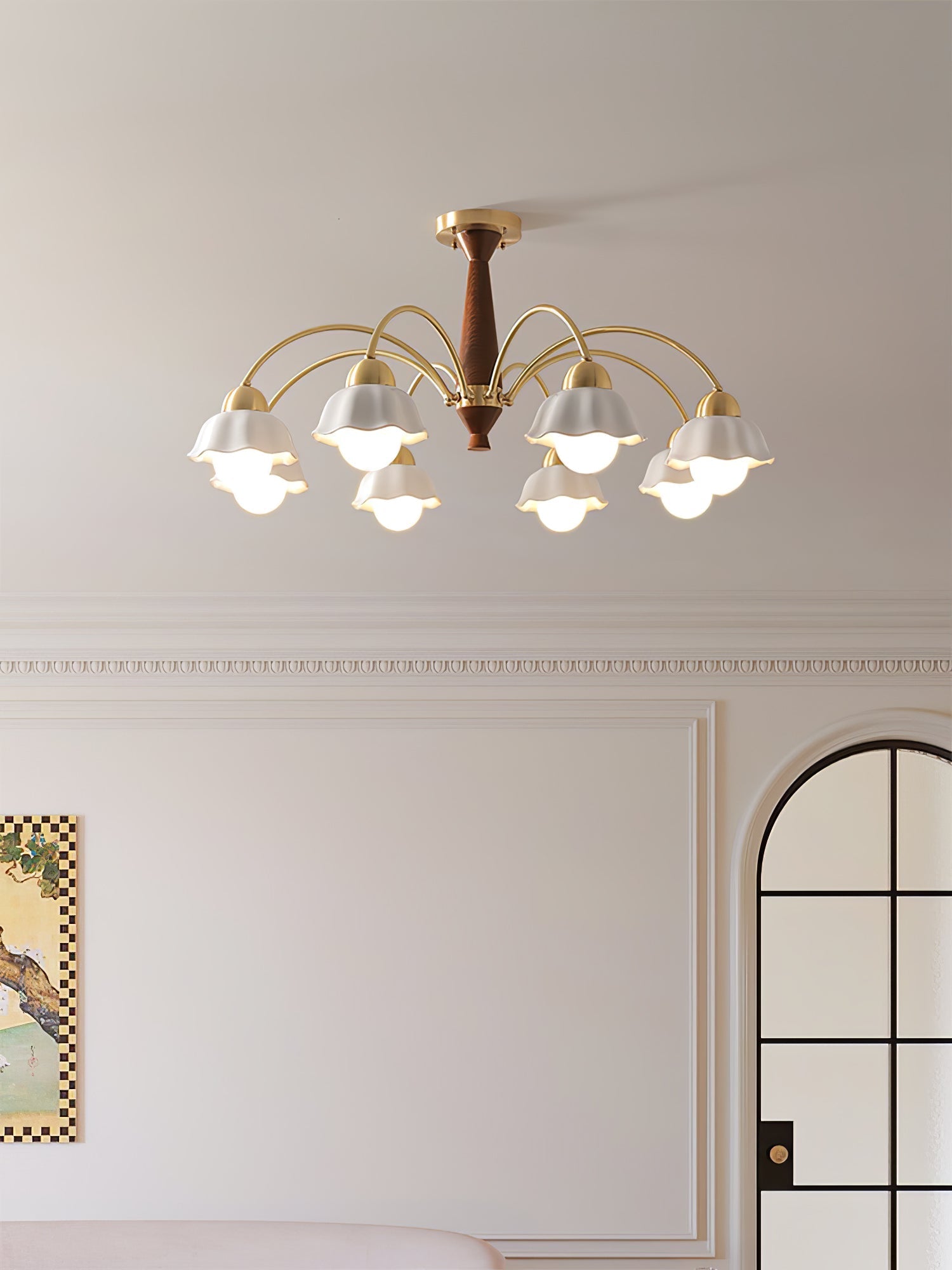 Lustra Chandelier Brass Wood Opaline Ceramic - Letslighting