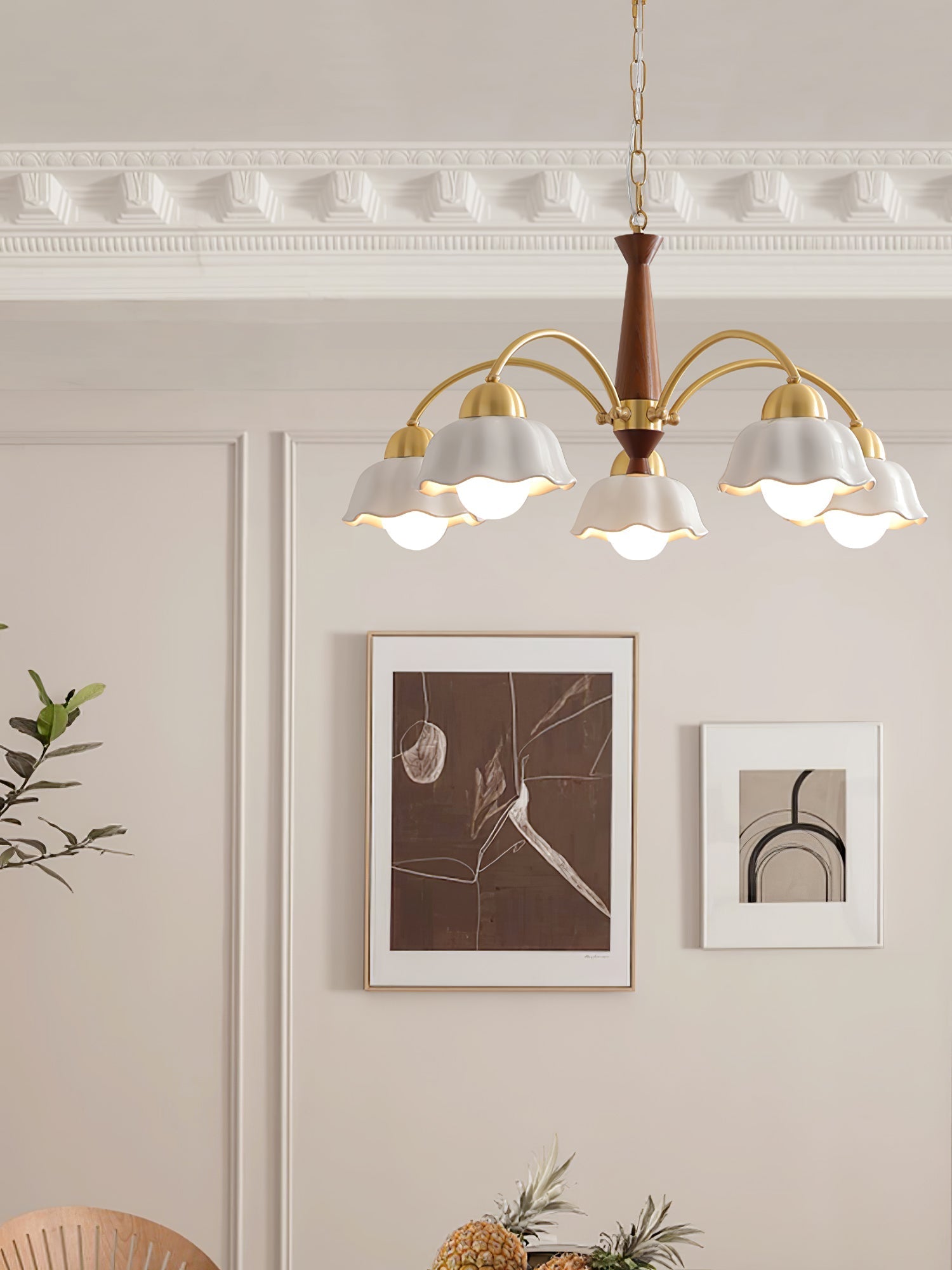 Lustra Chandelier Brass Wood Opaline Ceramic - Letslighting