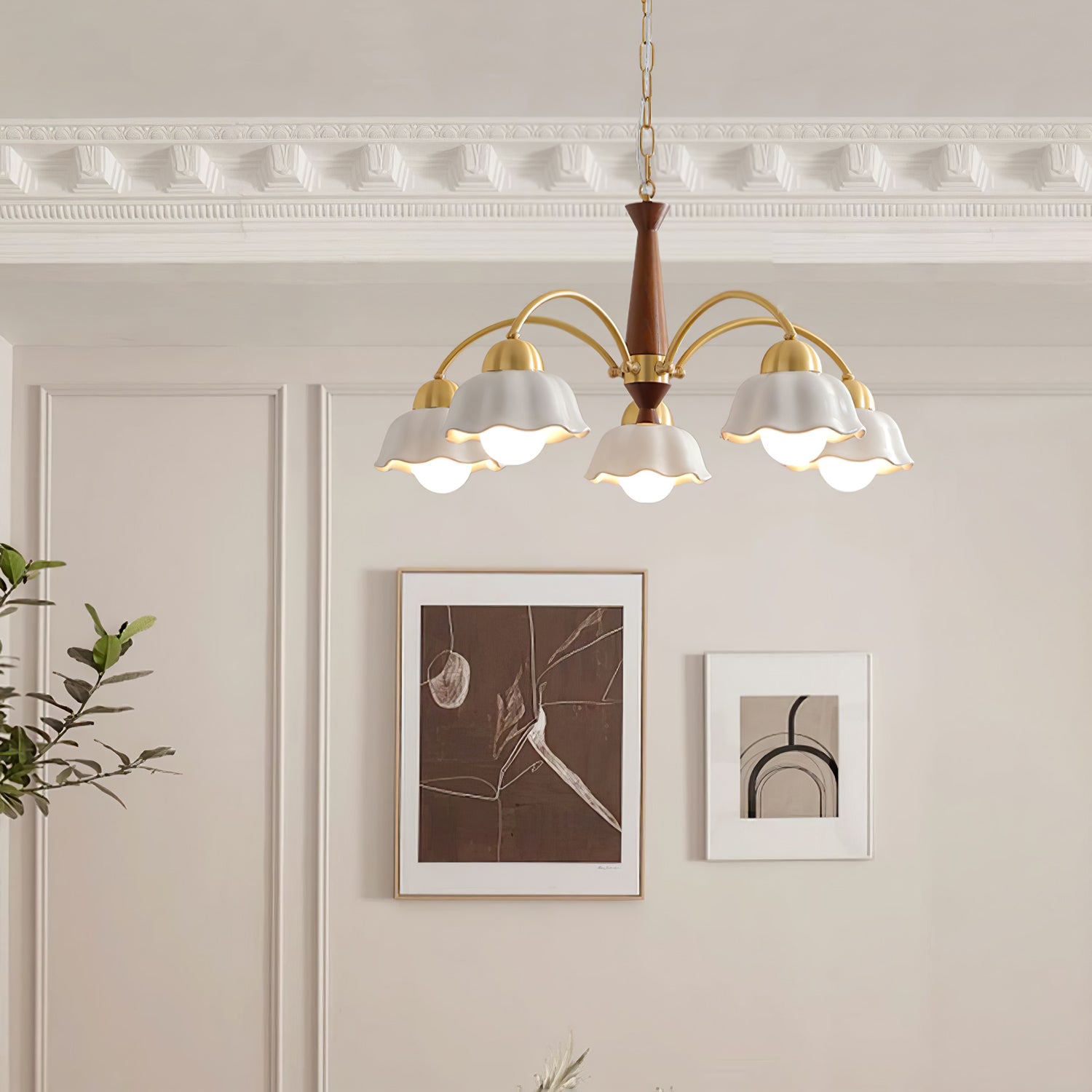 Lustra Chandelier Brass Wood Opaline Ceramic - Letslighting