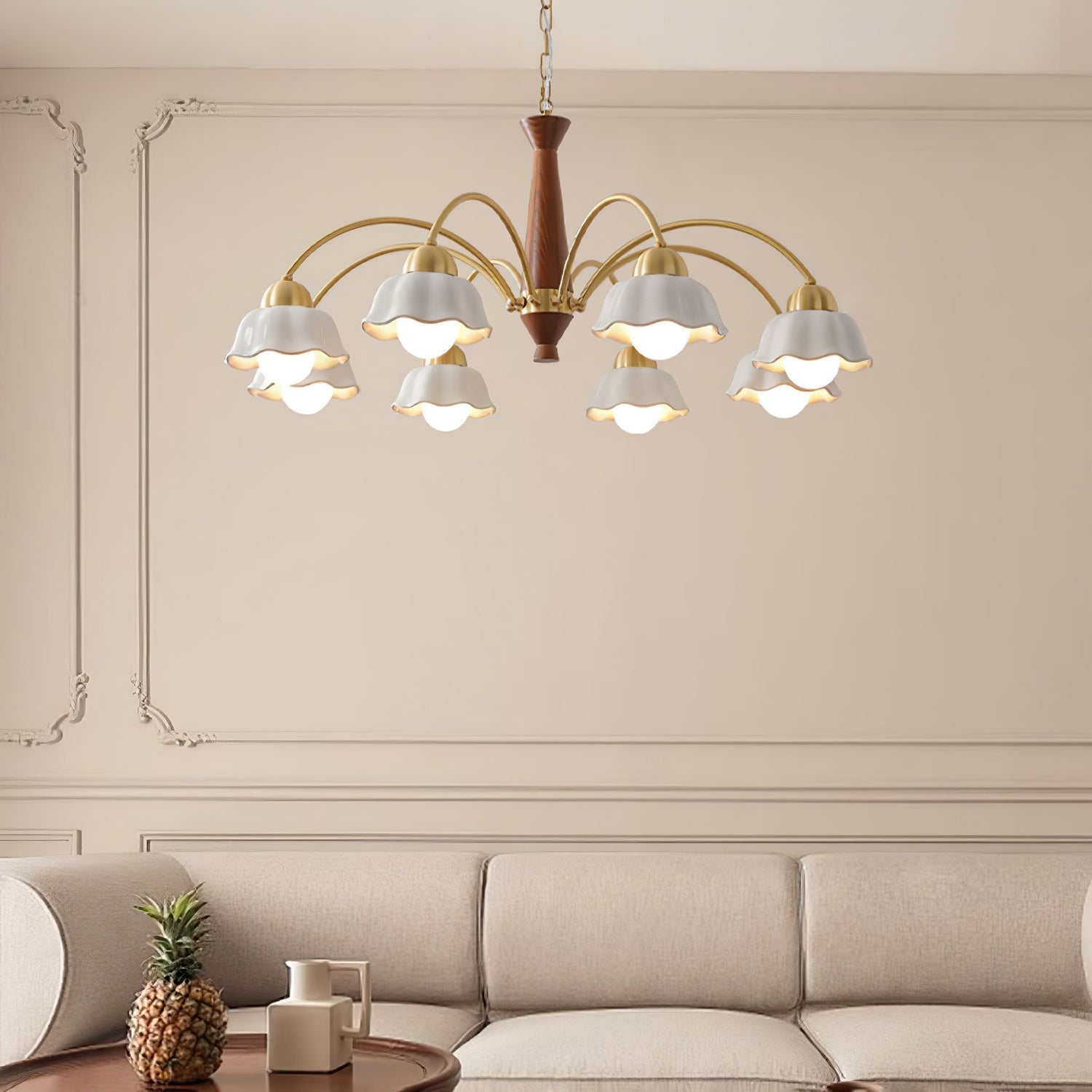 Lustra Chandelier Brass Wood Opaline Ceramic - Letslighting