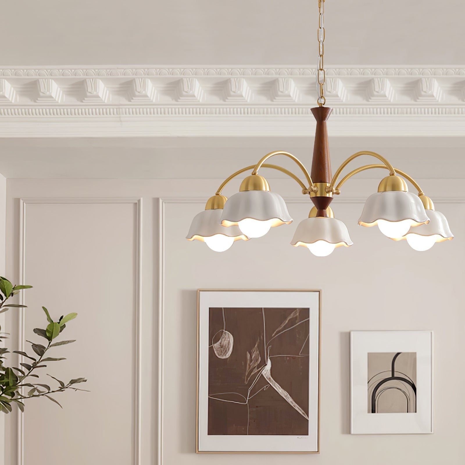 Lustra Chandelier Brass Wood Opaline Ceramic - Letslighting