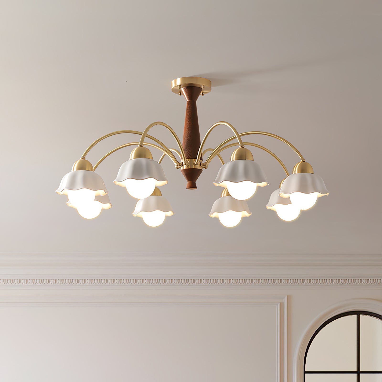 Lustra Chandelier Brass Wood Opaline Ceramic - Letslighting
