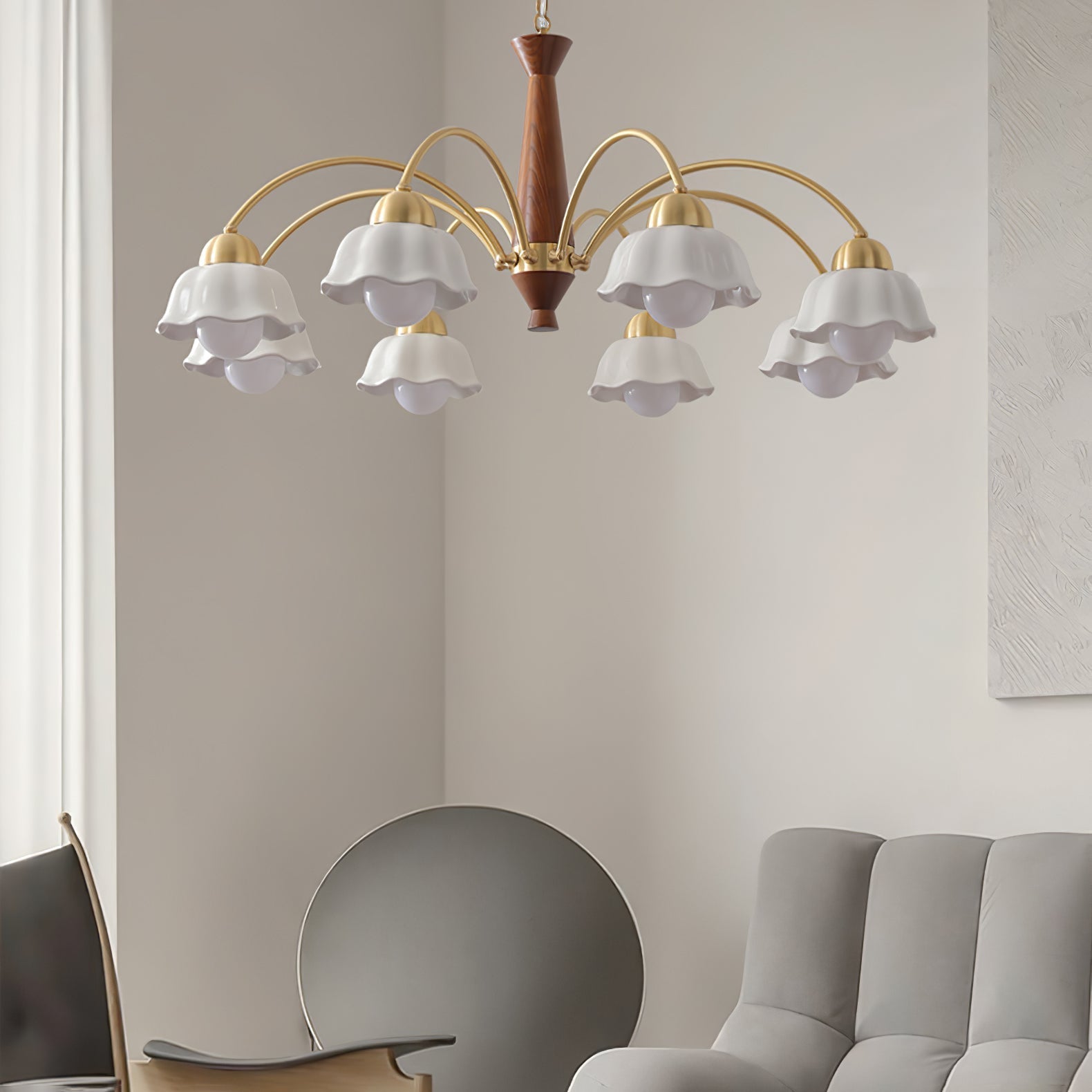 Lustra Chandelier Brass Wood Opaline Ceramic - Letslighting