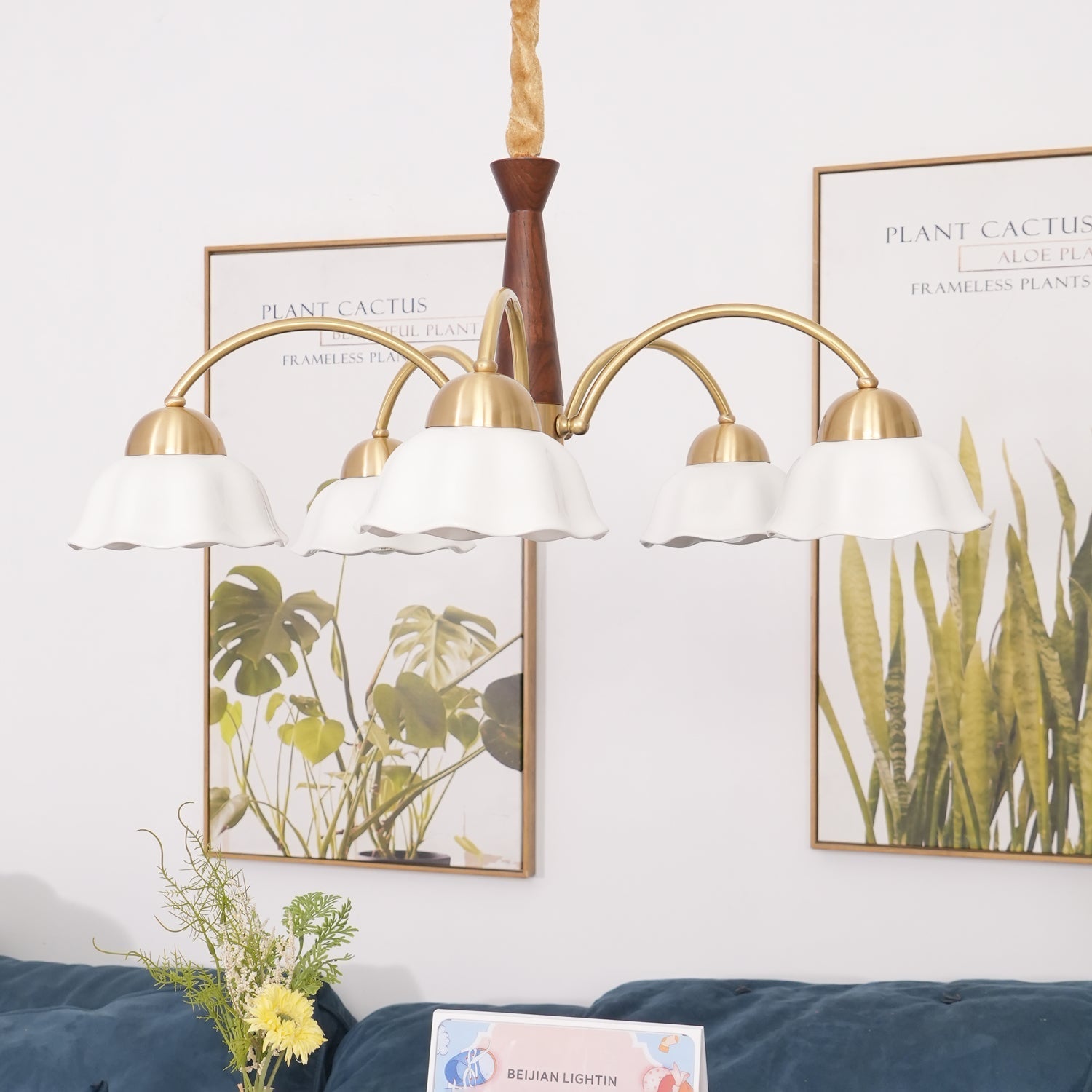 Lustra Chandelier Brass Wood Opaline Ceramic - Letslighting