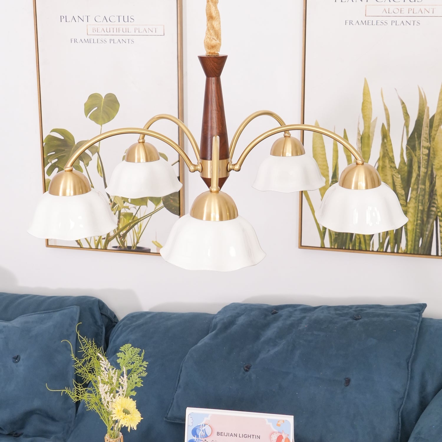 Lustra Chandelier Brass Wood Opaline Ceramic - Letslighting