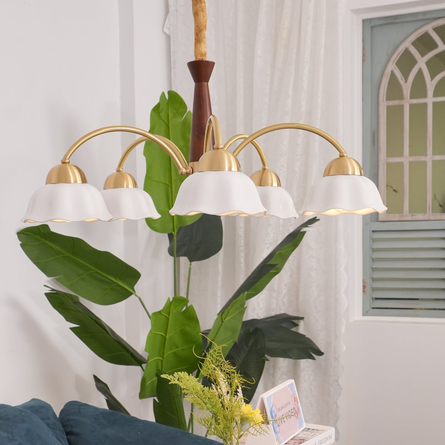 Lustra Chandelier Brass Wood Opaline Ceramic - Letslighting