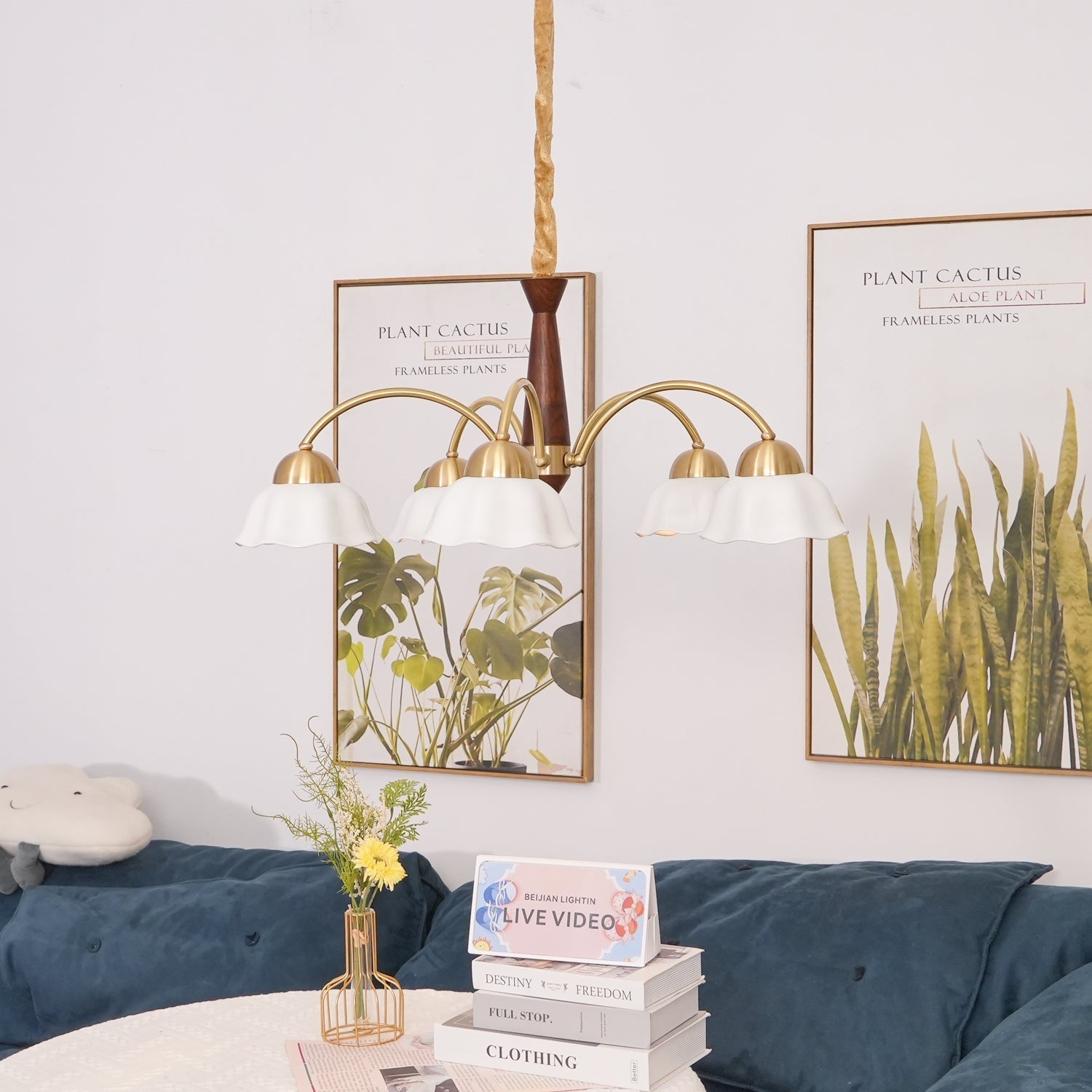 Lustra Chandelier Brass Wood Opaline Ceramic - Letslighting