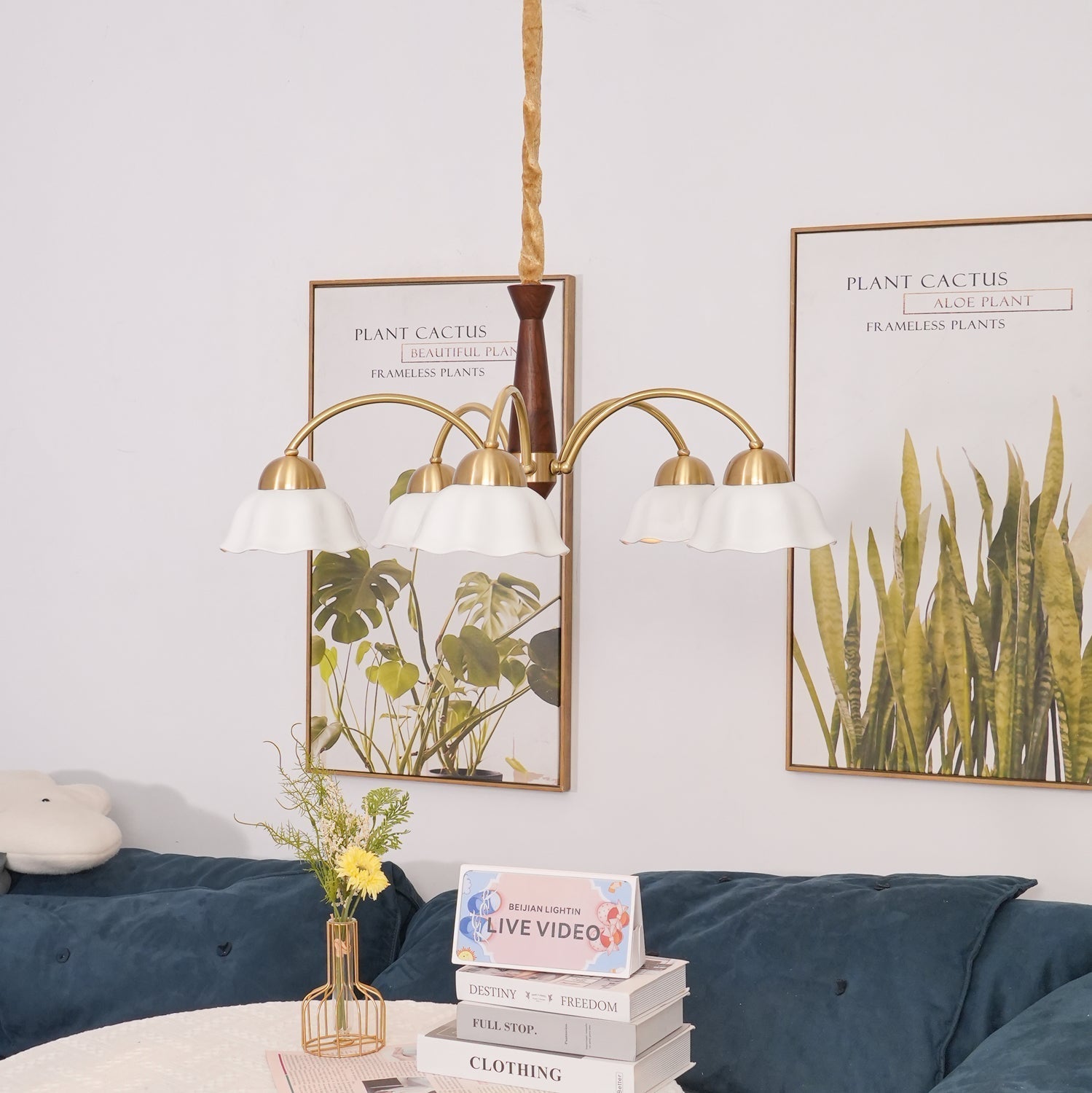 Lustra Chandelier Brass Wood Opaline Ceramic - Letslighting