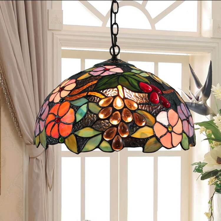 Tiffany Retro LED Pendant Light Colorful Flowers Glass Living Room - Letslighting