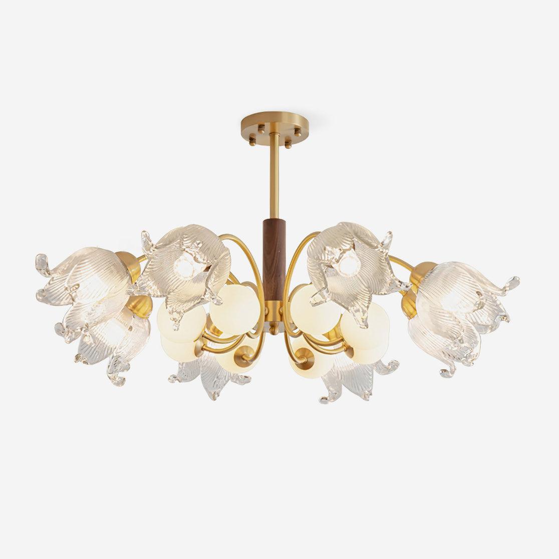 Talia Chandelier Glass Pleated Shades Brass Wood - Letslighting