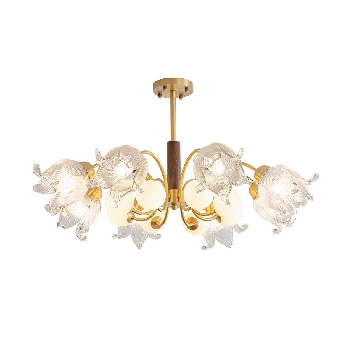 Talia Chandelier Glass Pleated Shades Brass Wood - Letslighting