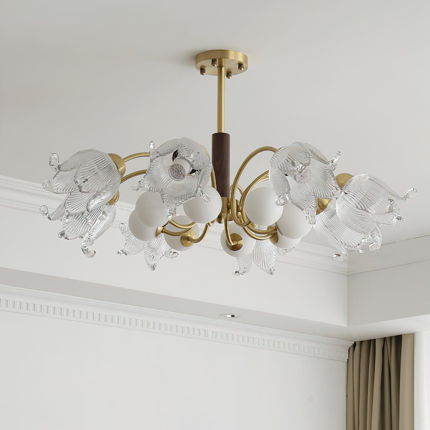 Talia Chandelier Glass Pleated Shades Brass Wood - Letslighting