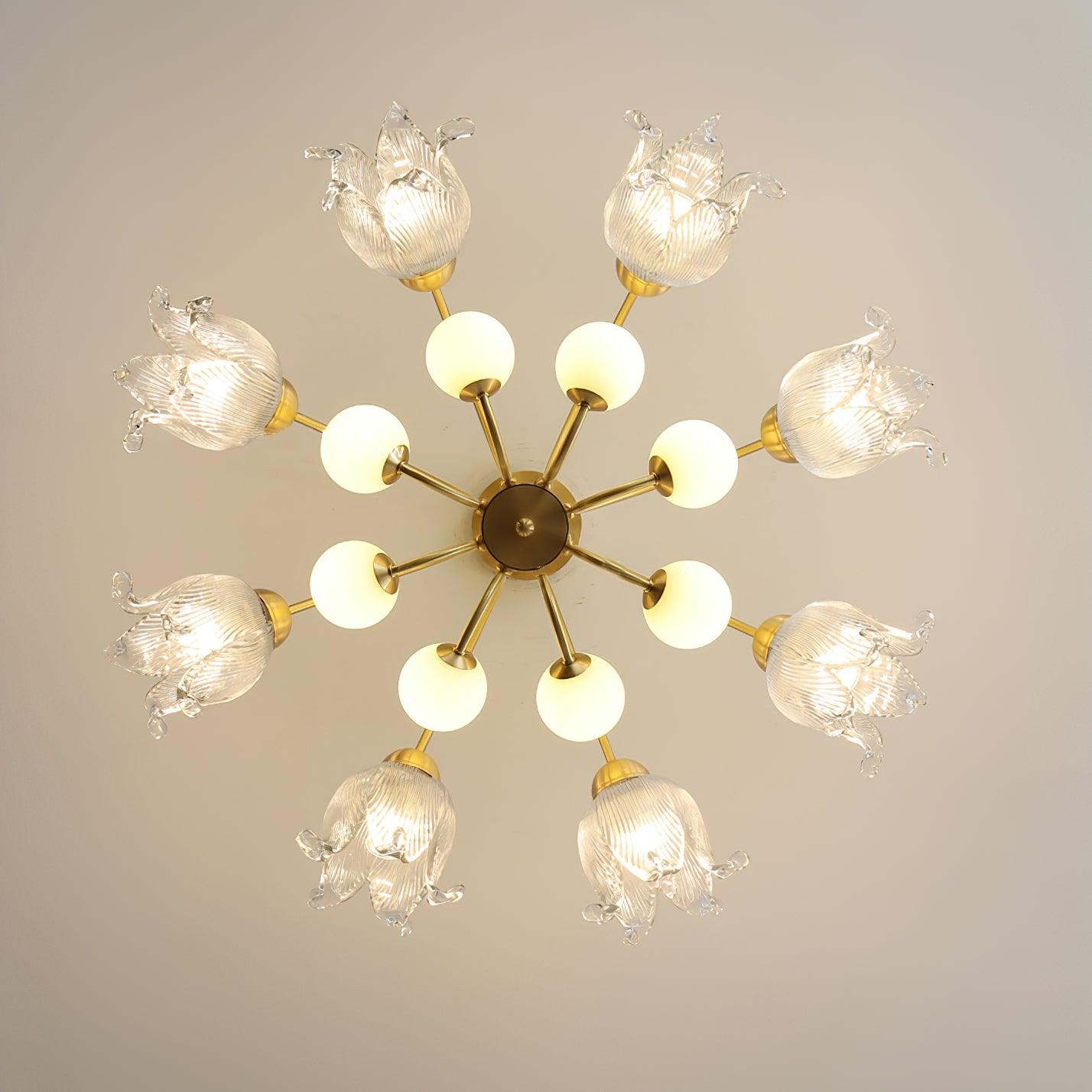 Talia Chandelier Glass Pleated Shades Brass Wood - Letslighting