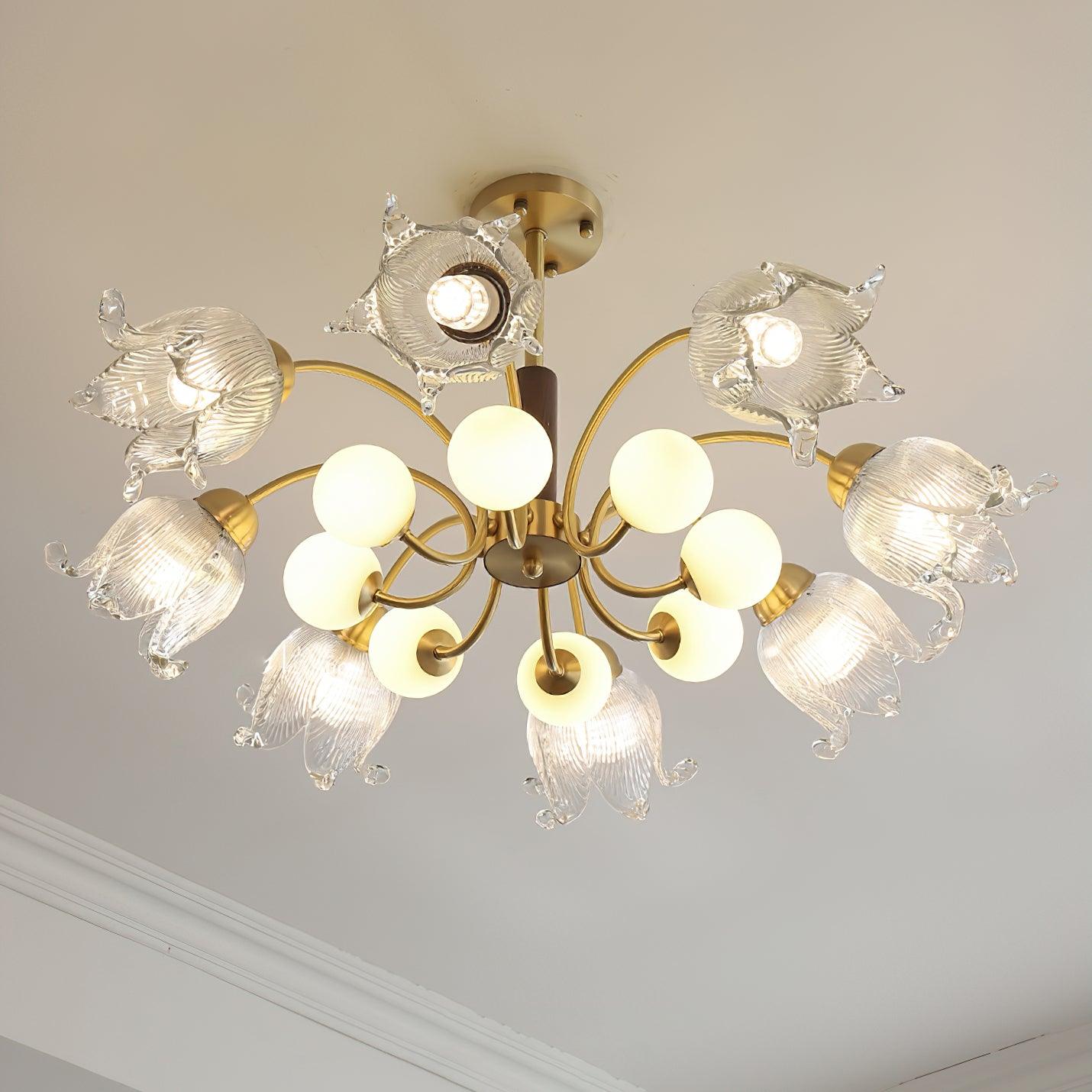 Talia Chandelier Glass Pleated Shades Brass Wood - Letslighting