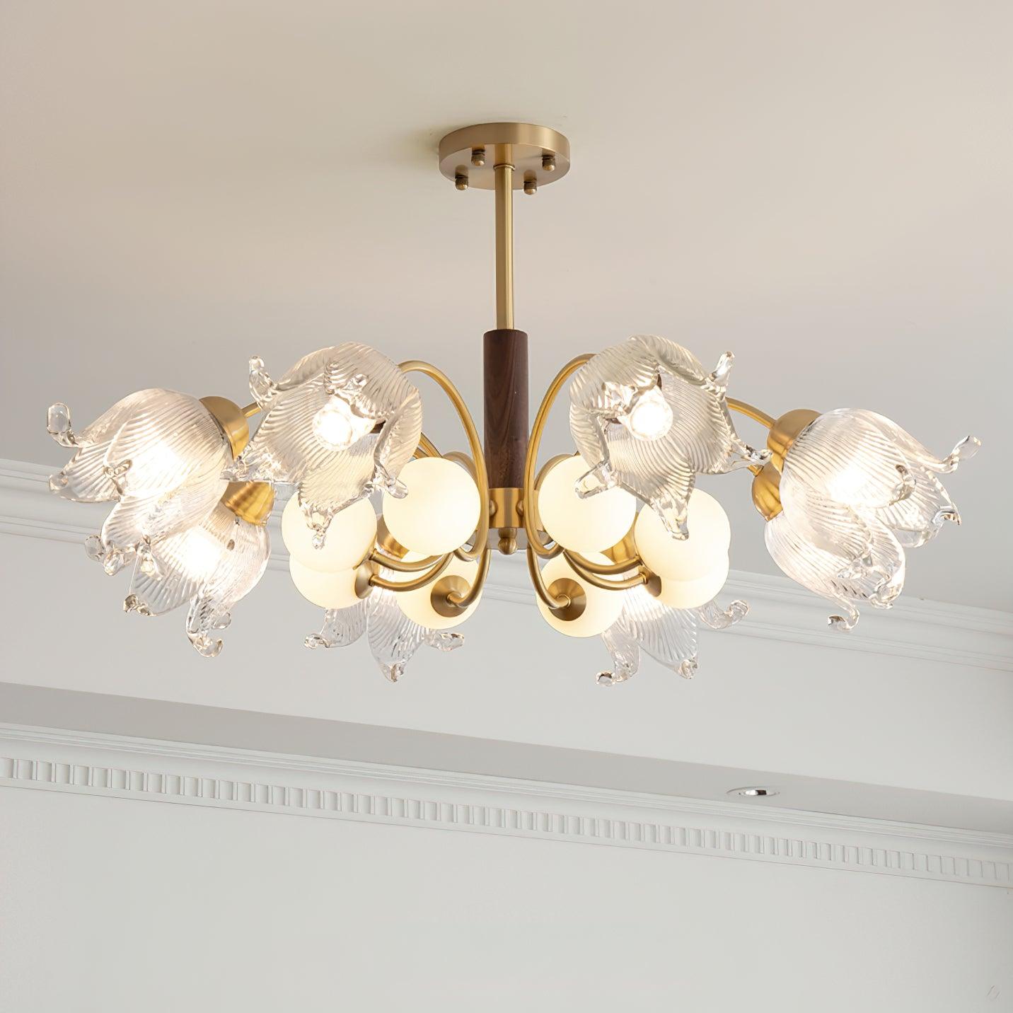Talia Chandelier Glass Pleated Shades Brass Wood - Letslighting