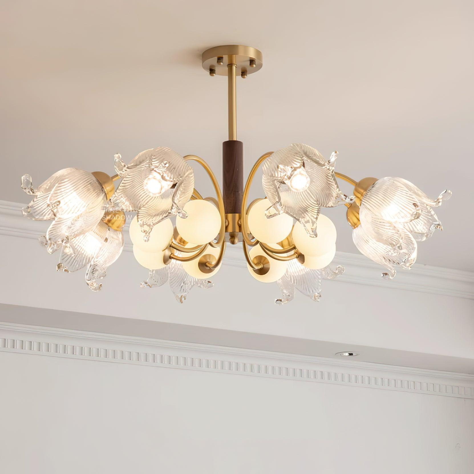 Talia Chandelier Glass Pleated Shades Brass Wood - Letslighting