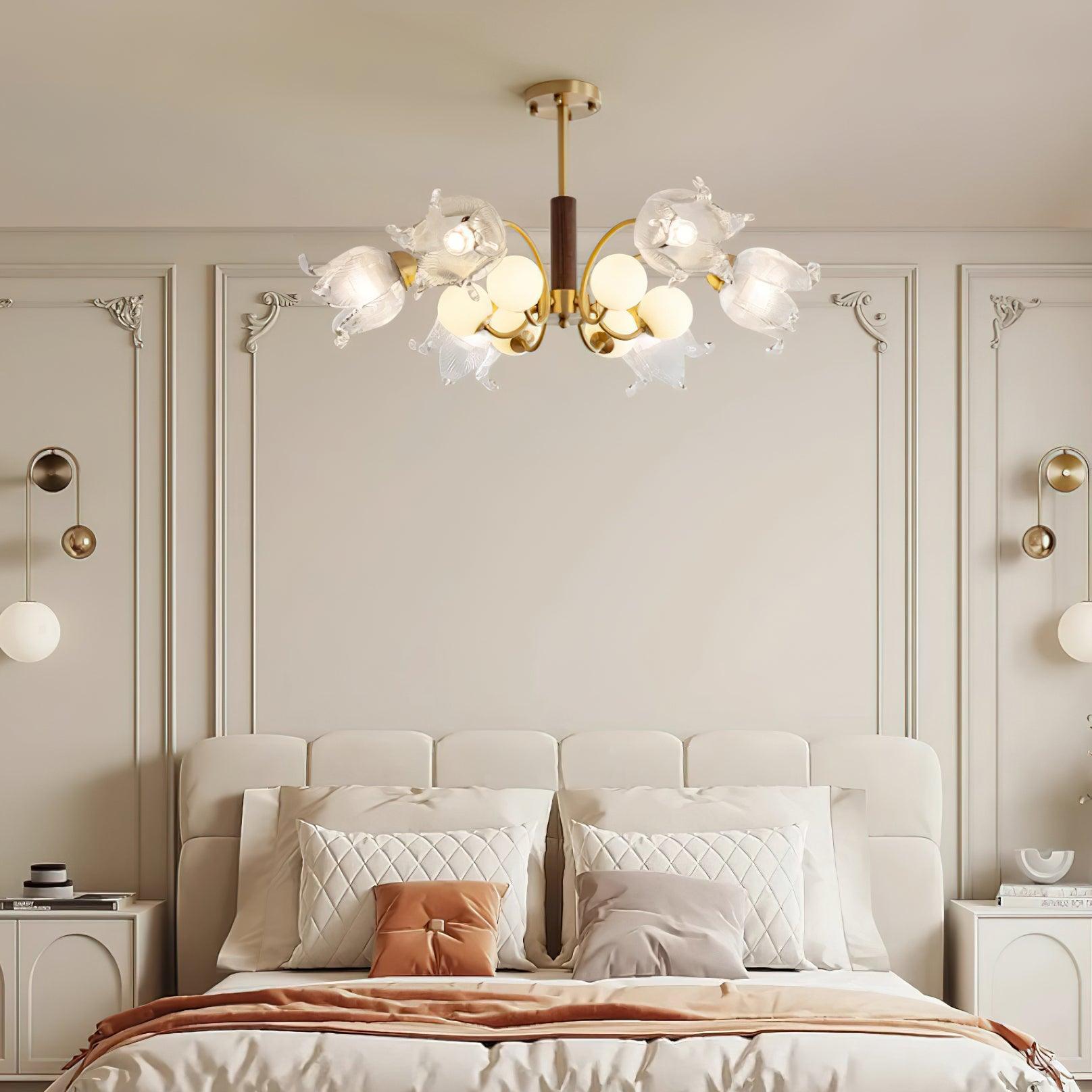 Talia Chandelier Glass Pleated Shades Brass Wood - Letslighting