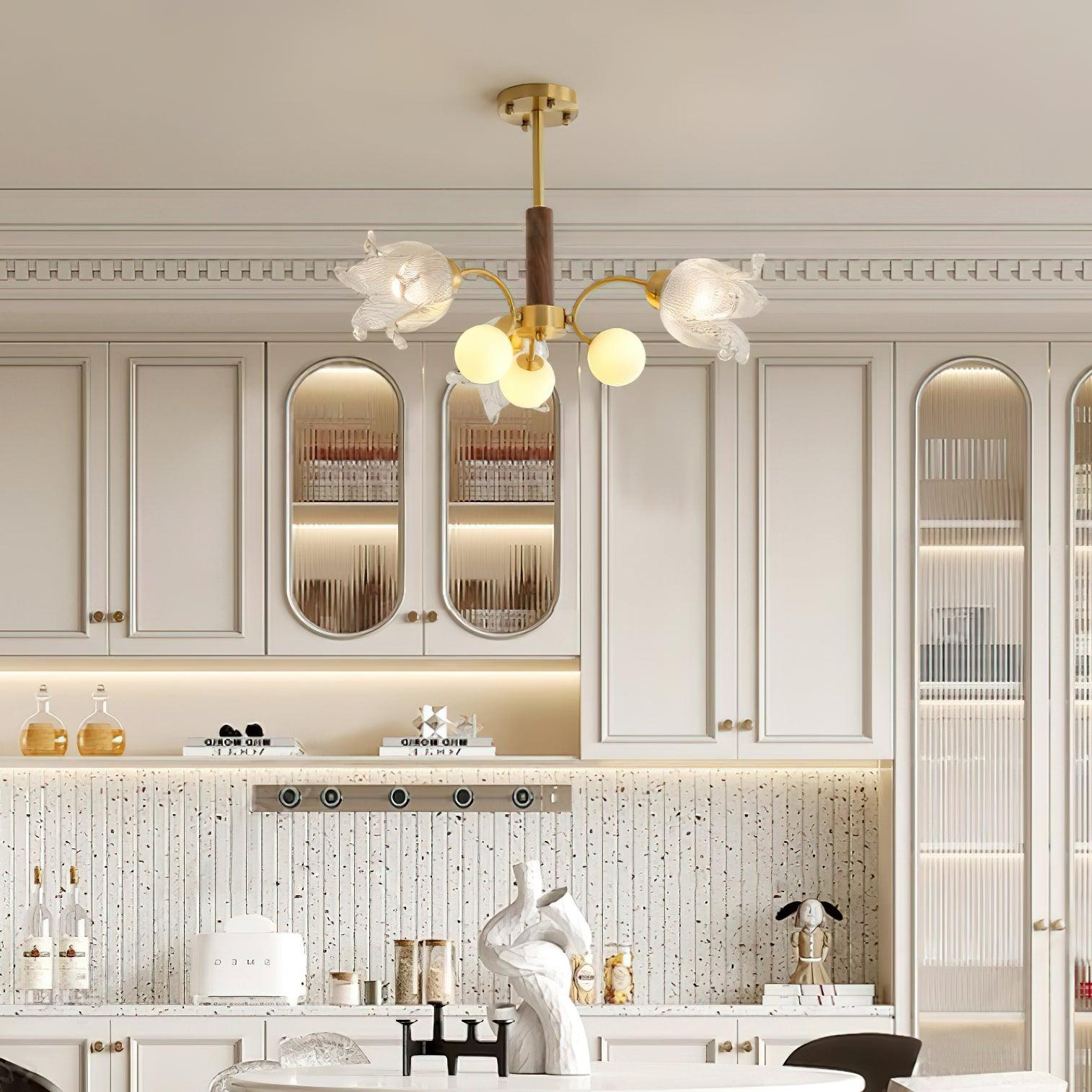 Talia Chandelier Glass Pleated Shades Brass Wood - Letslighting