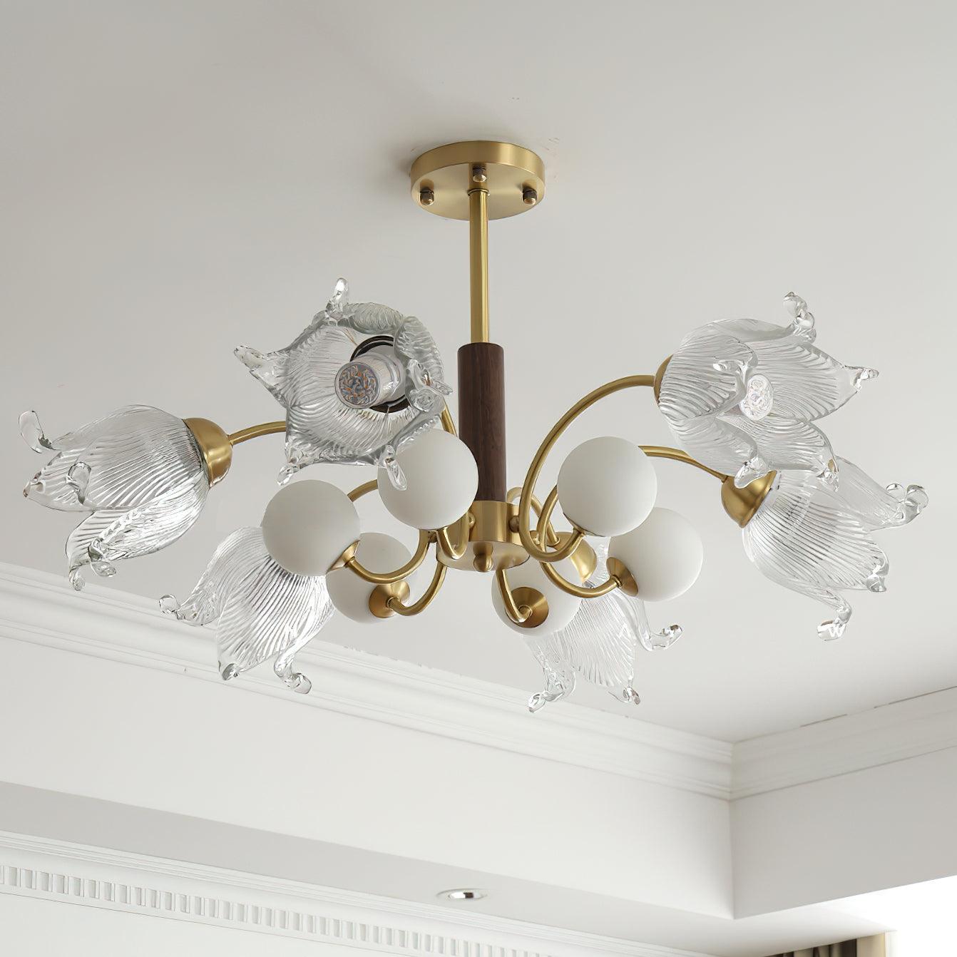 Talia Chandelier Glass Pleated Shades Brass Wood - Letslighting