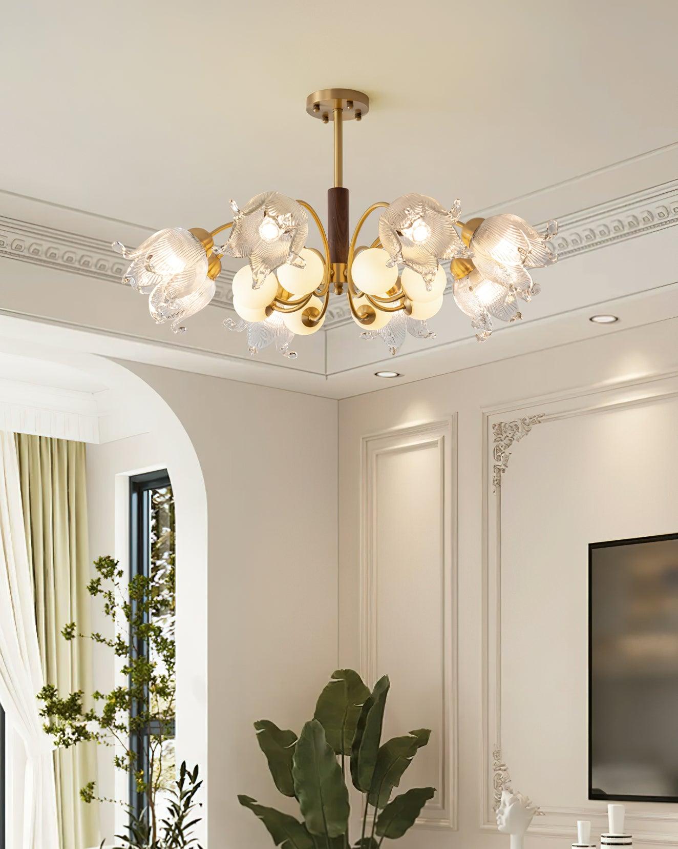 Talia Chandelier Glass Pleated Shades Brass Wood - Letslighting