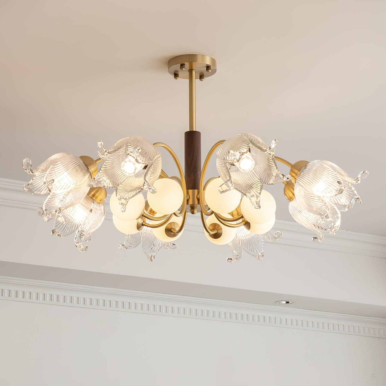 Talia Chandelier Glass Pleated Shades Brass Wood - Letslighting