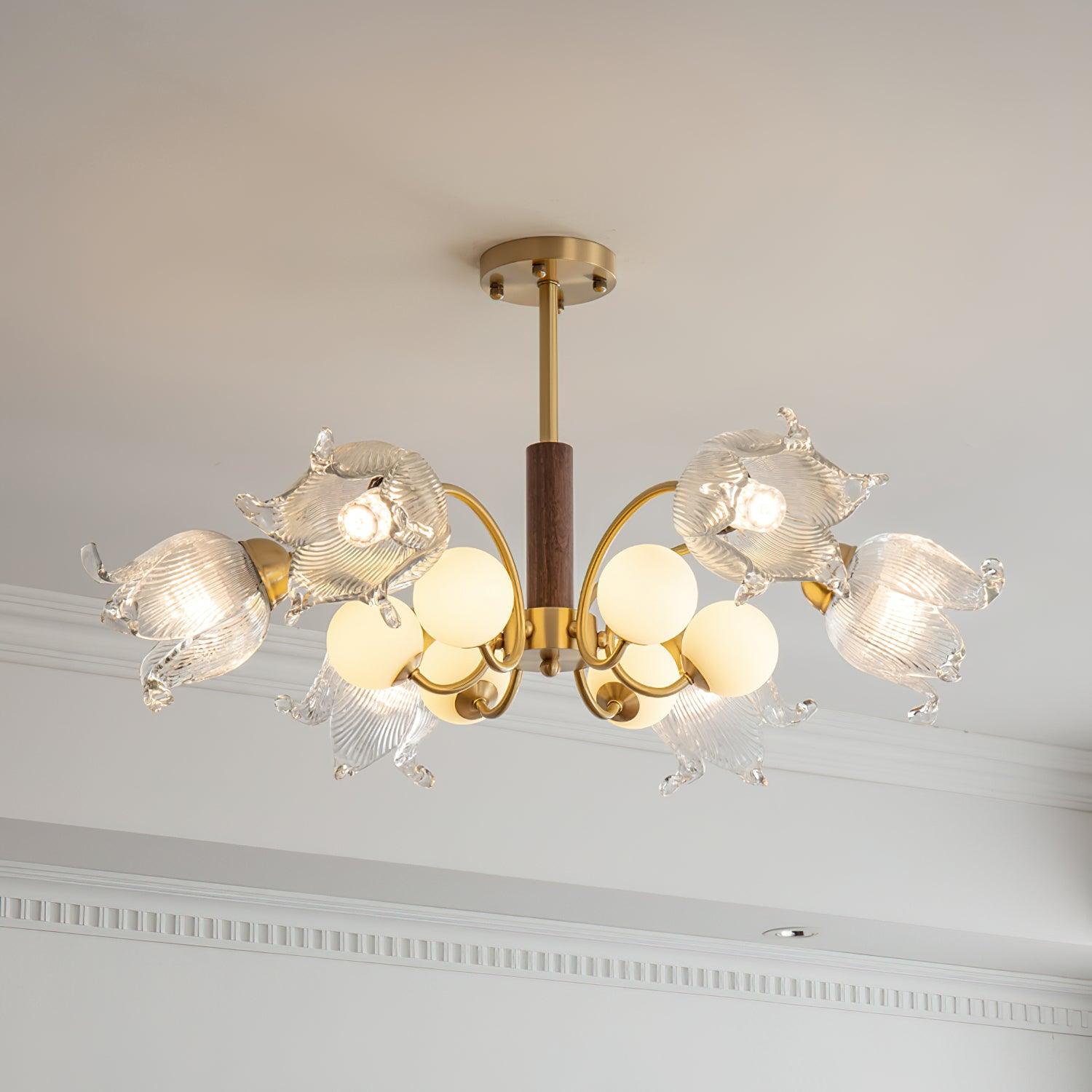Talia Chandelier Glass Pleated Shades Brass Wood - Letslighting