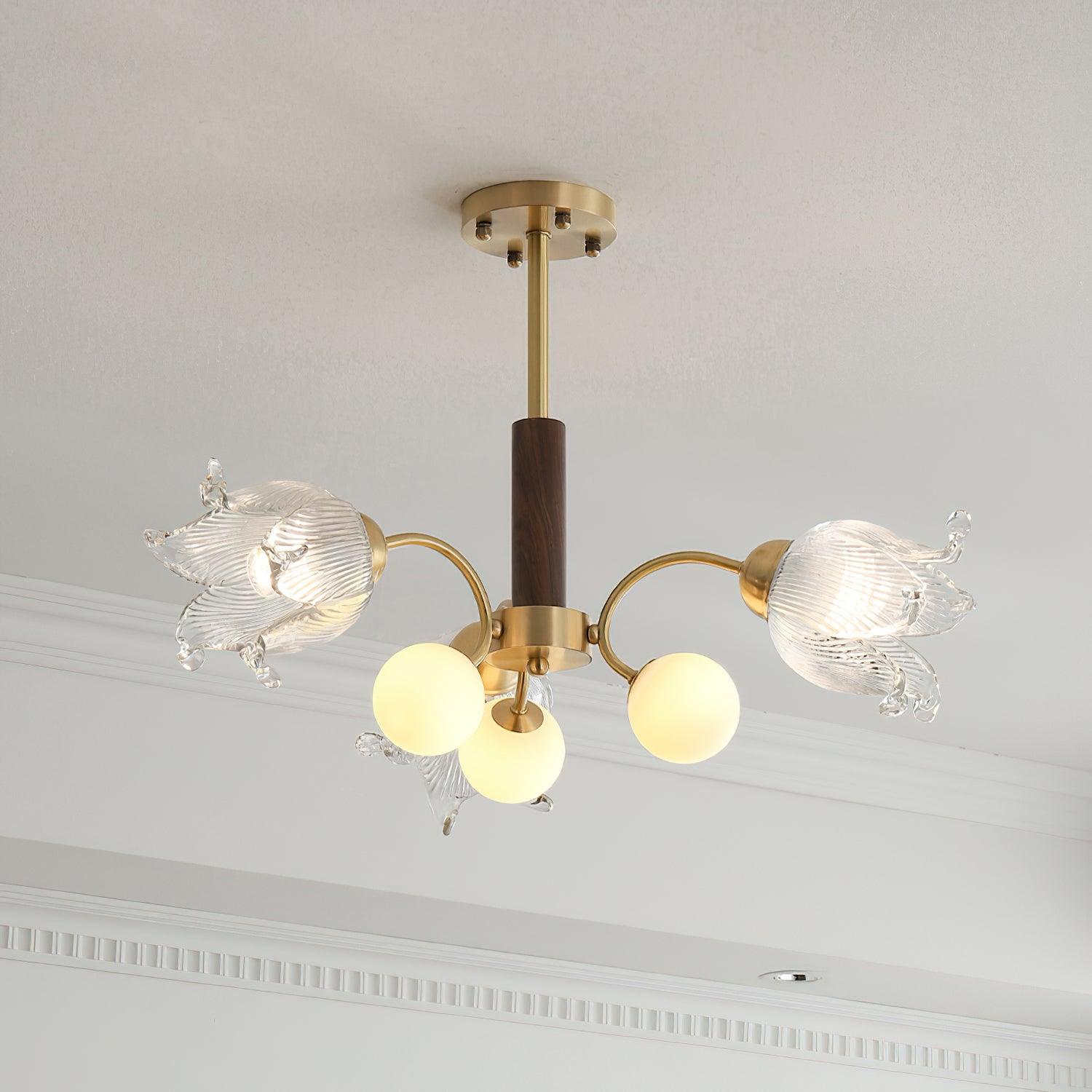 Talia Chandelier Glass Pleated Shades Brass Wood - Letslighting