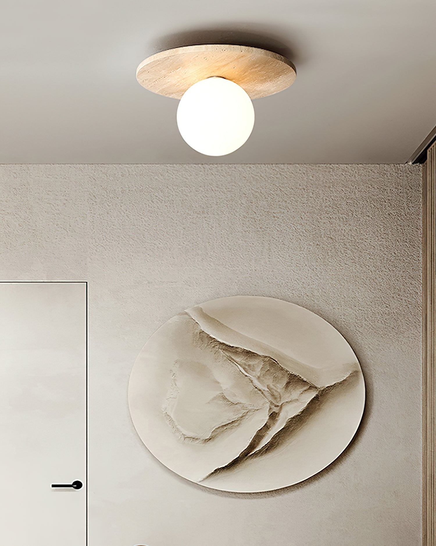 Ceiling Light Travertine Disc with Glass Globe Scandi Cozy - Letslighting