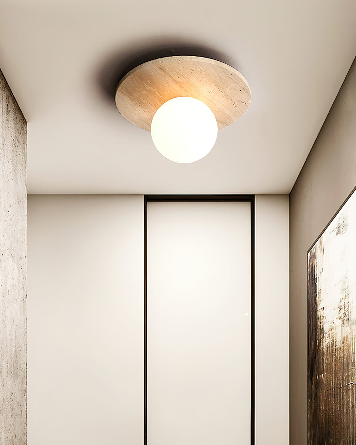 Ceiling Light Travertine Disc with Glass Globe Scandi Cozy - Letslighting