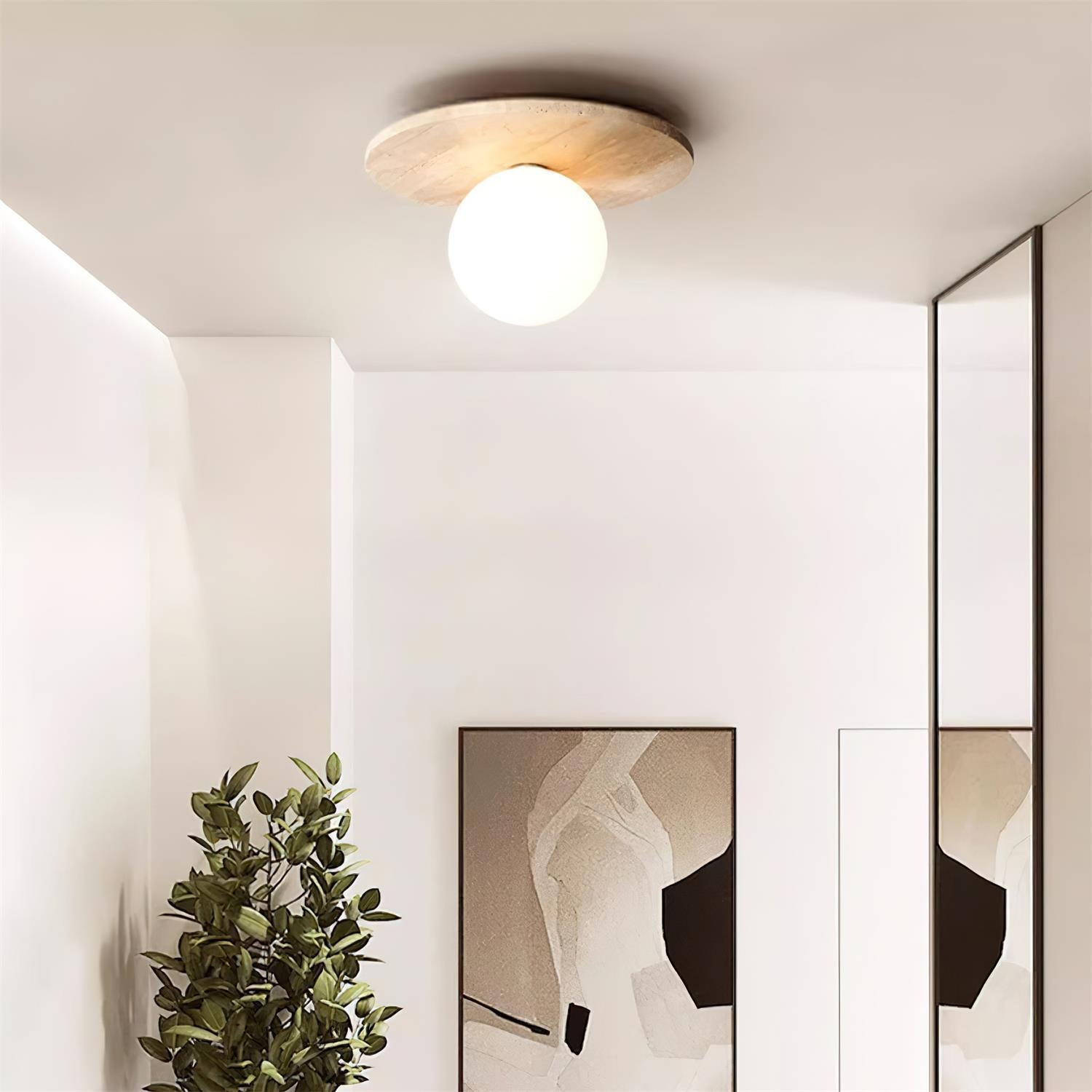 Ceiling Light Travertine Disc with Glass Globe Scandi Cozy - Letslighting