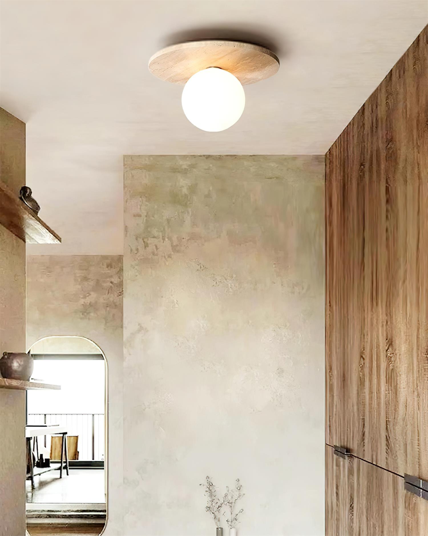 Ceiling Light Travertine Disc with Glass Globe Scandi Cozy - Letslighting