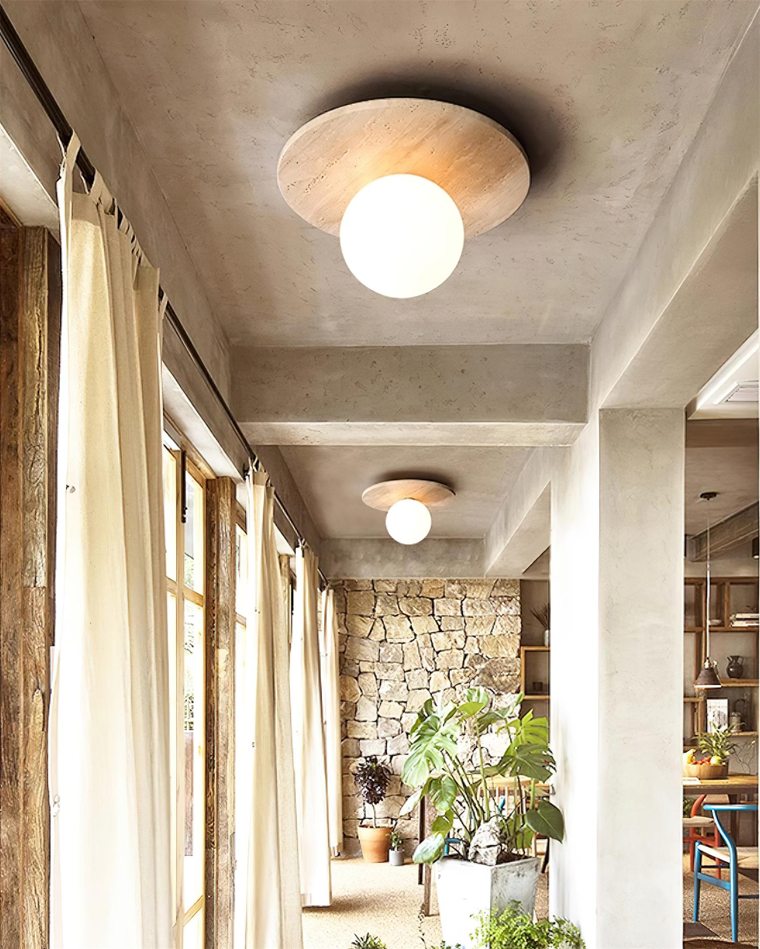 Ceiling Light Travertine Disc with Glass Globe Scandi Cozy - Letslighting