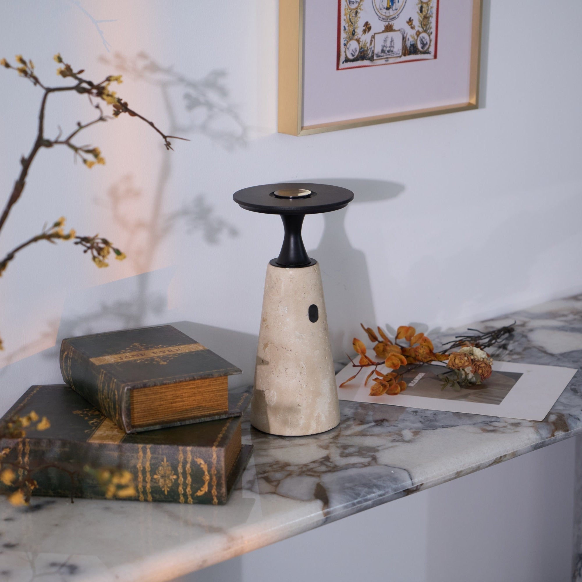Vespera Sculptural Travertine Table Lamp - Letslighting