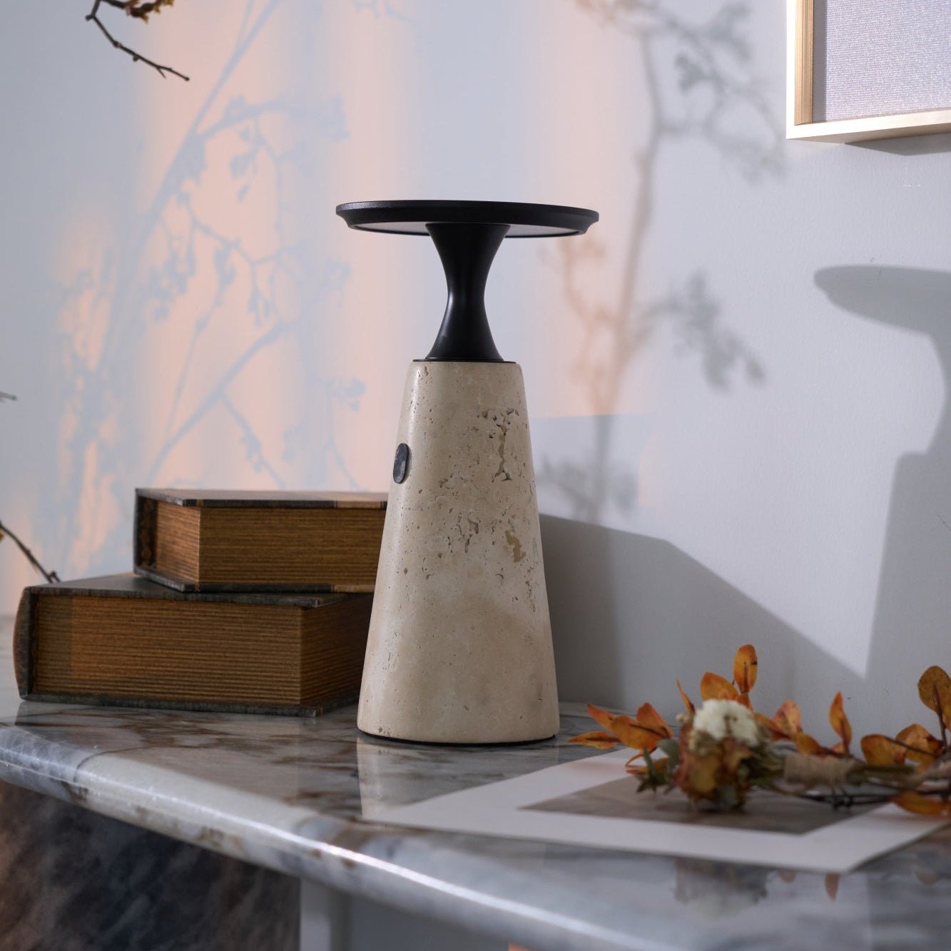Vespera Sculptural Travertine Table Lamp - Letslighting