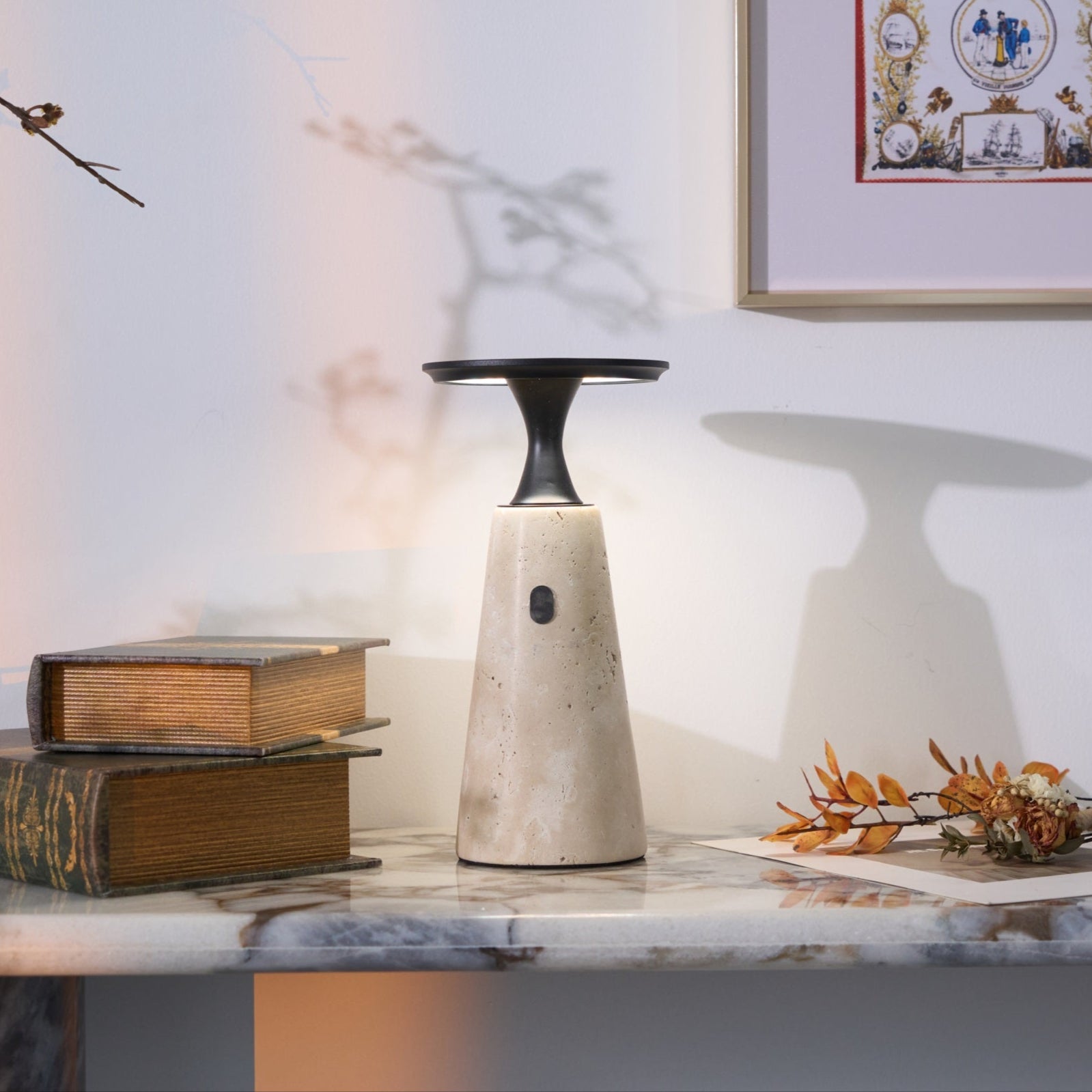 Vespera Sculptural Travertine Table Lamp - Letslighting