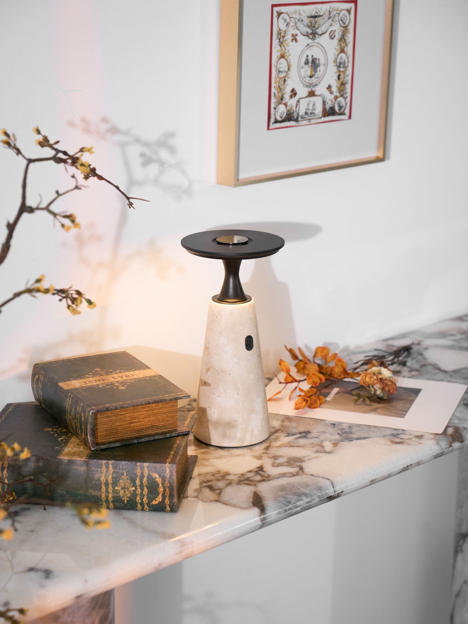 Vespera Sculptural Travertine Table Lamp - Letslighting