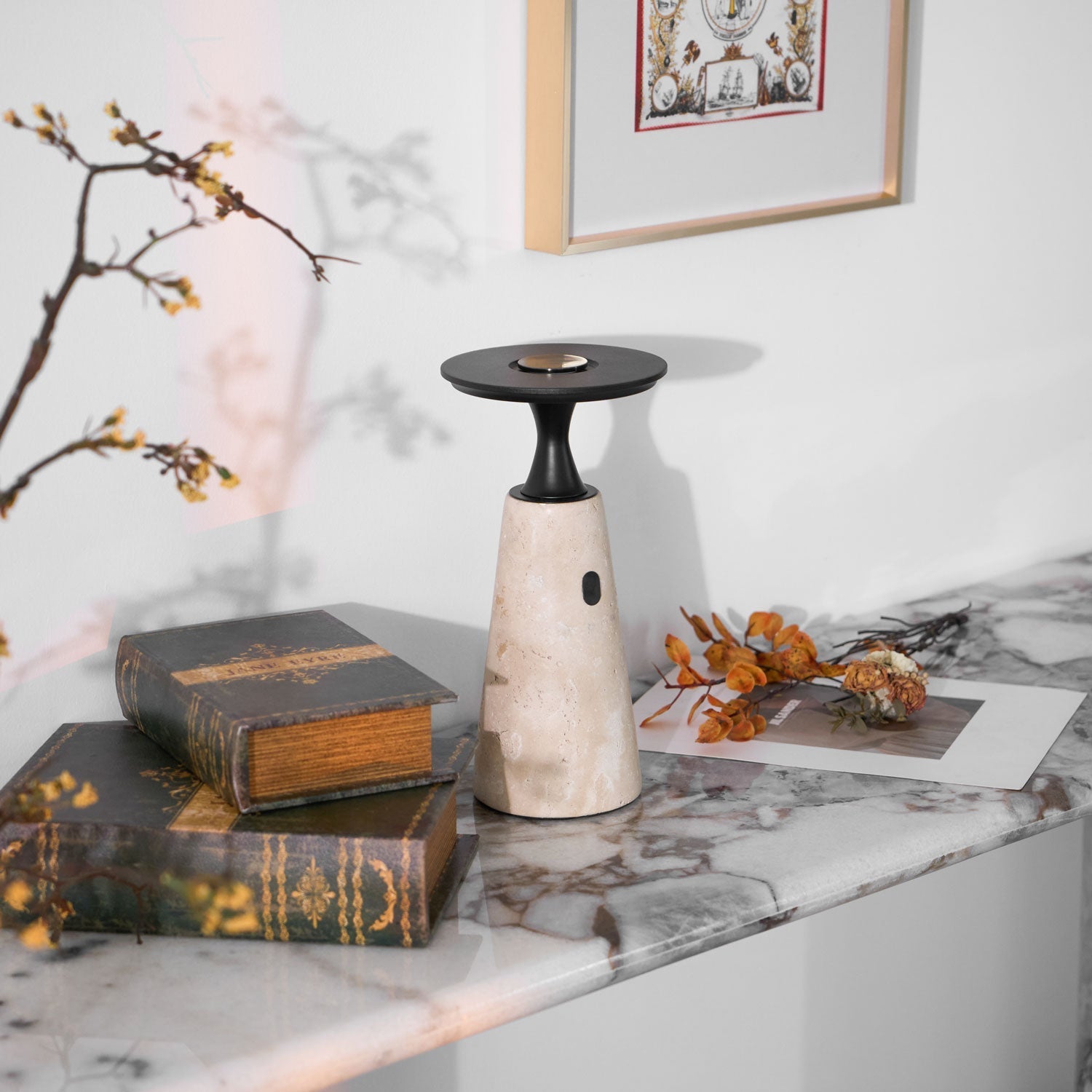 Vespera Sculptural Travertine Table Lamp - Letslighting