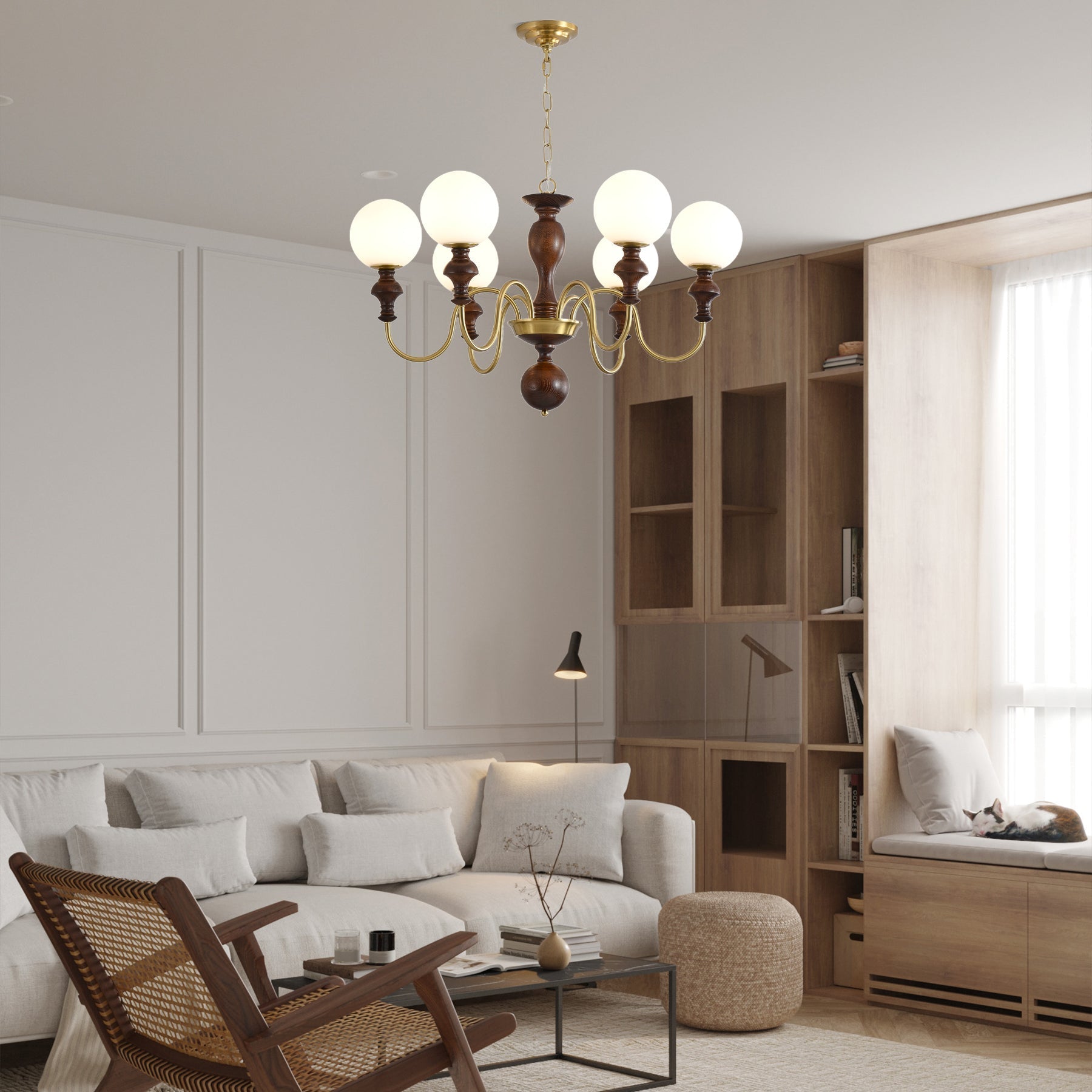 Lustra Chandelier Wood & Brass Timeless Globe - Letslighting