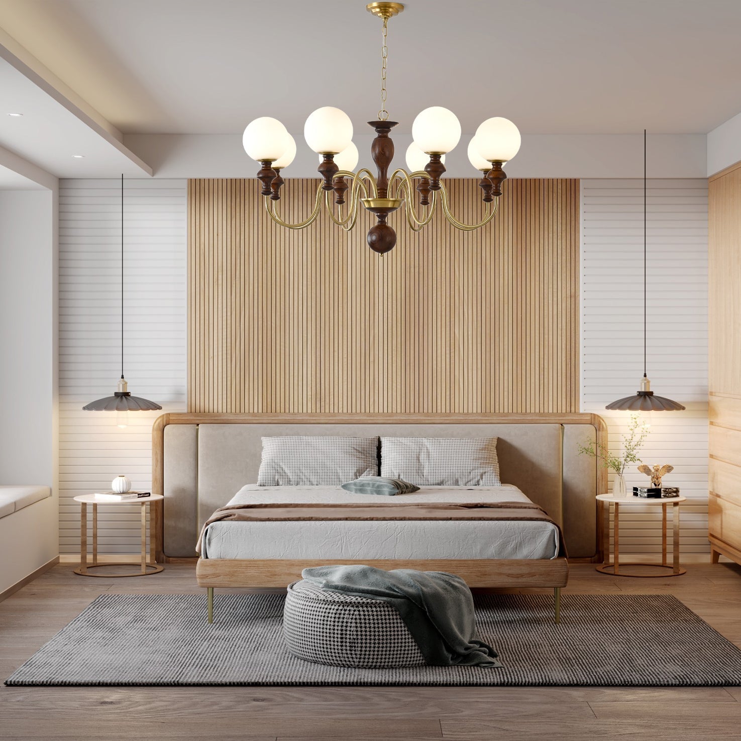 Lustra Chandelier Wood & Brass Timeless Globe - Letslighting