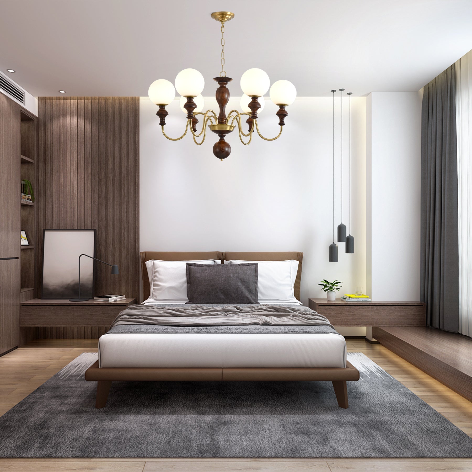 Lustra Chandelier Wood & Brass Timeless Globe - Letslighting