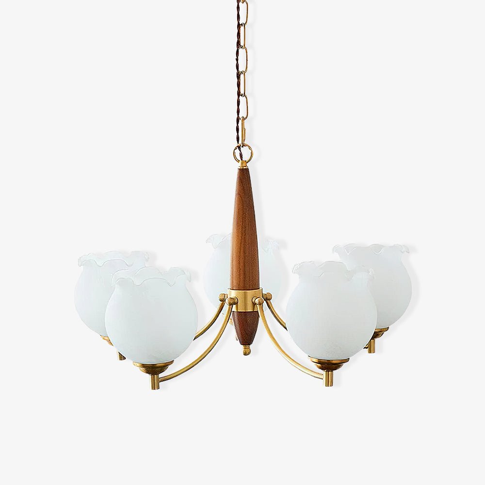 Lustra Chandelier Tulip Glass Wood Brass Vintage - Letslighting