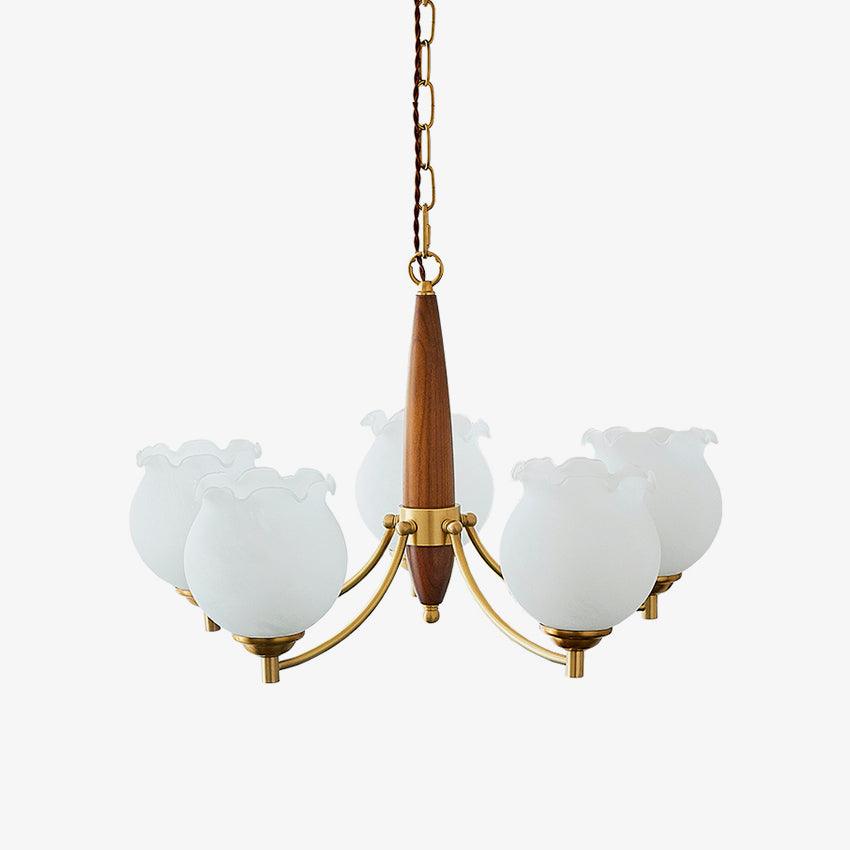 Lustra Chandelier Tulip Glass Wood Brass Vintage - Letslighting