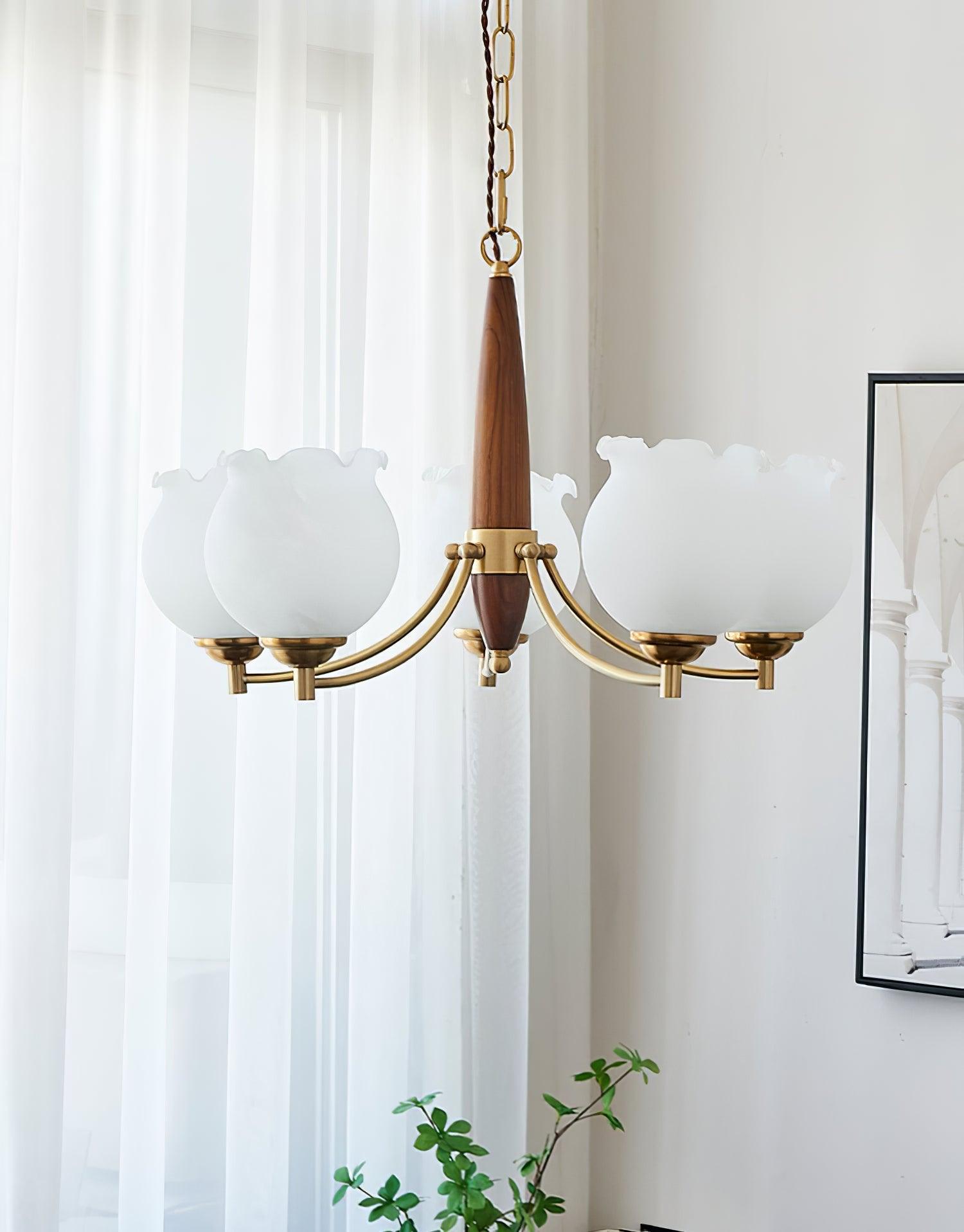 Lustra Chandelier Tulip Glass Wood Brass Vintage - Letslighting