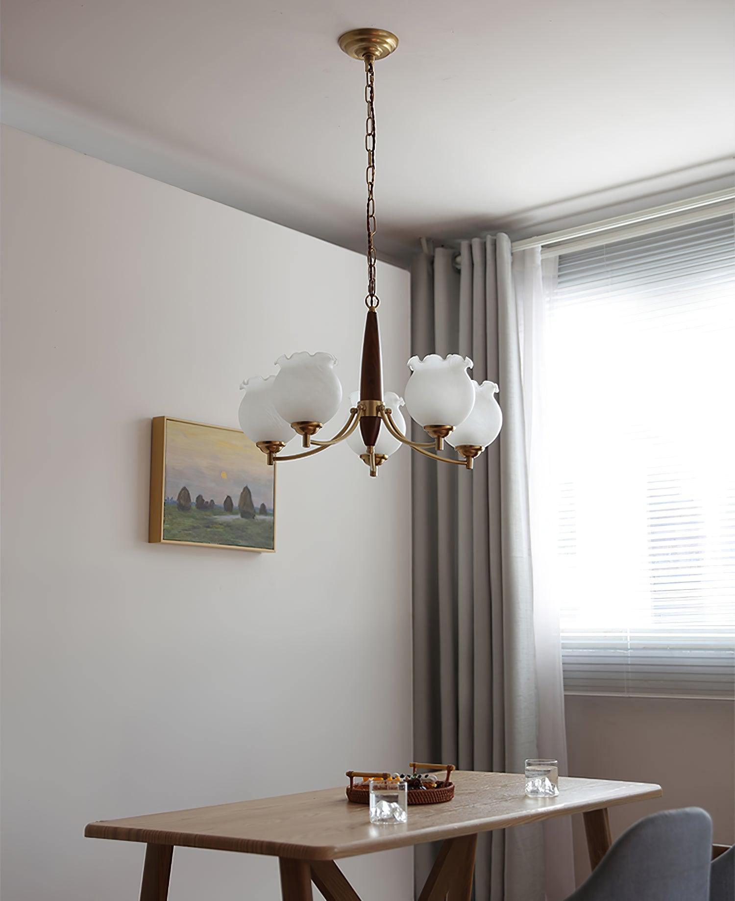 Lustra Chandelier Tulip Glass Wood Brass Vintage - Letslighting