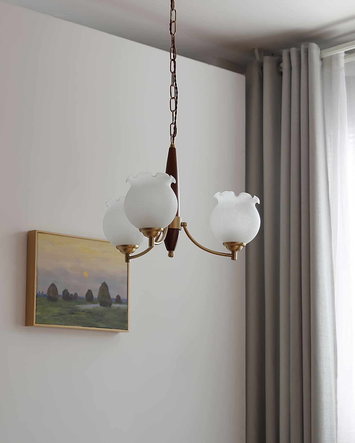 Lustra Chandelier Tulip Glass Wood Brass Vintage - Letslighting