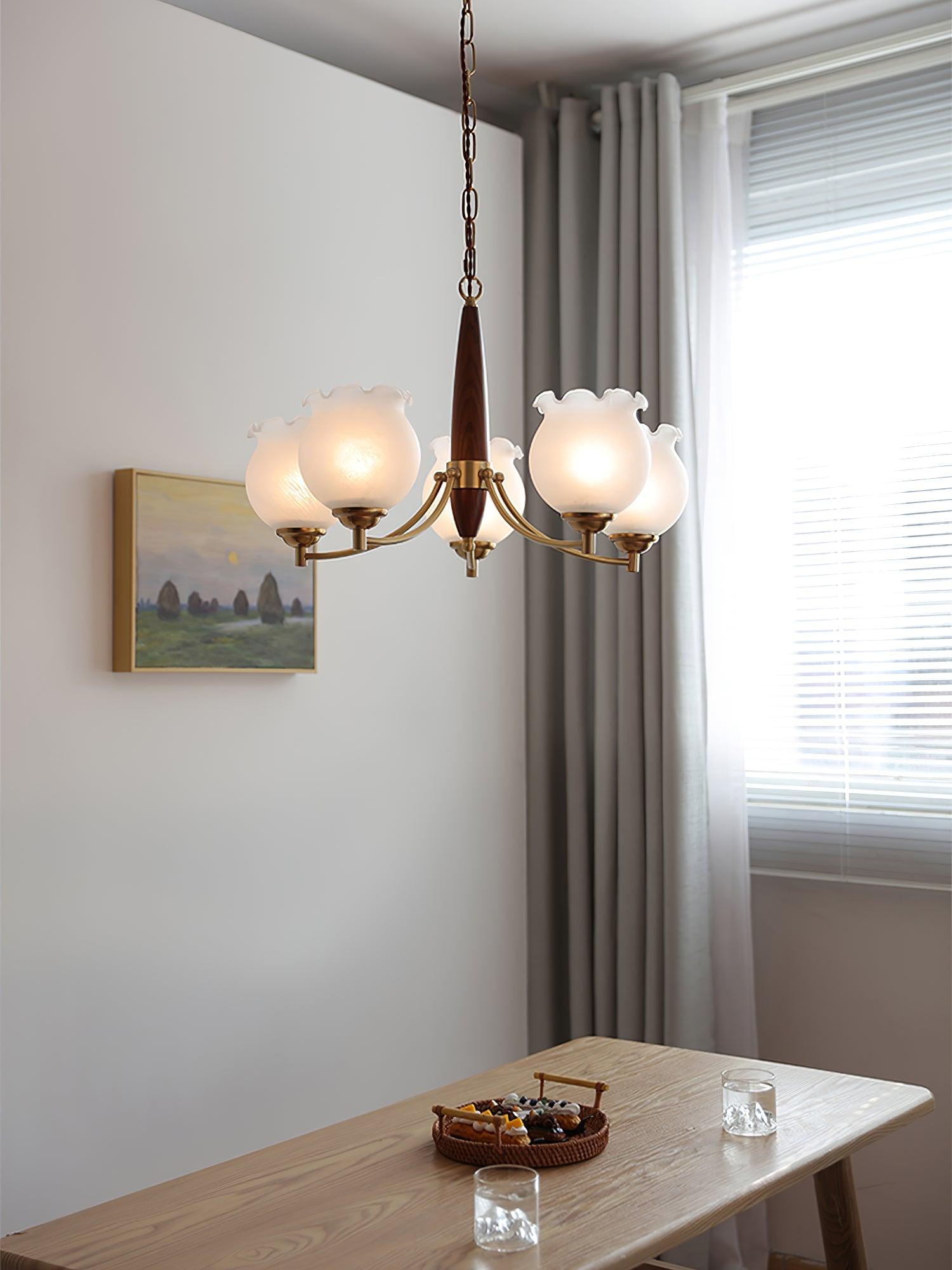 Lustra Chandelier Tulip Glass Wood Brass Vintage - Letslighting