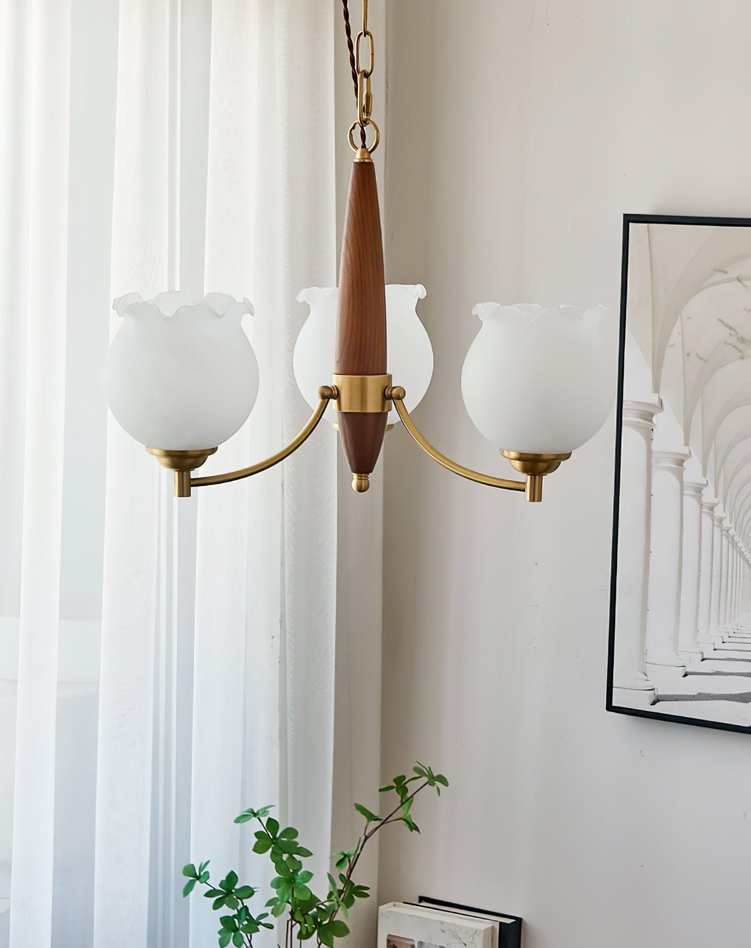 Lustra Chandelier Tulip Glass Wood Brass Vintage - Letslighting