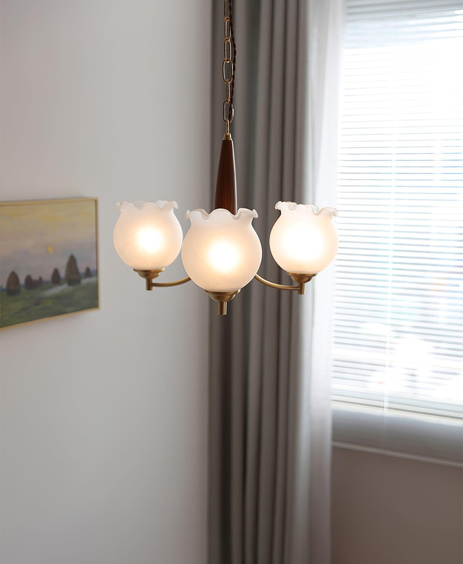 Lustra Chandelier Tulip Glass Wood Brass Vintage - Letslighting