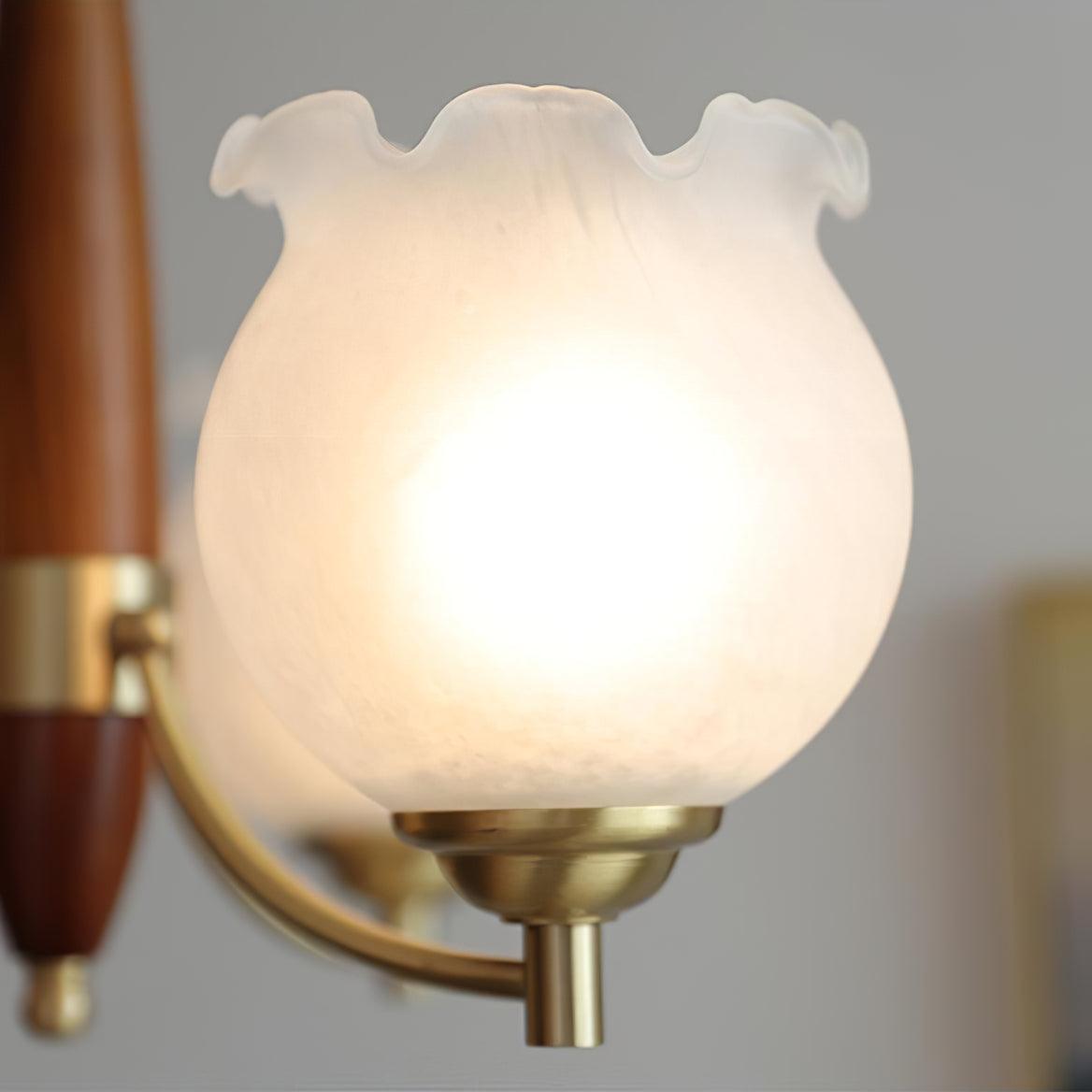 Lustra Chandelier Tulip Glass Wood Brass Vintage - Letslighting