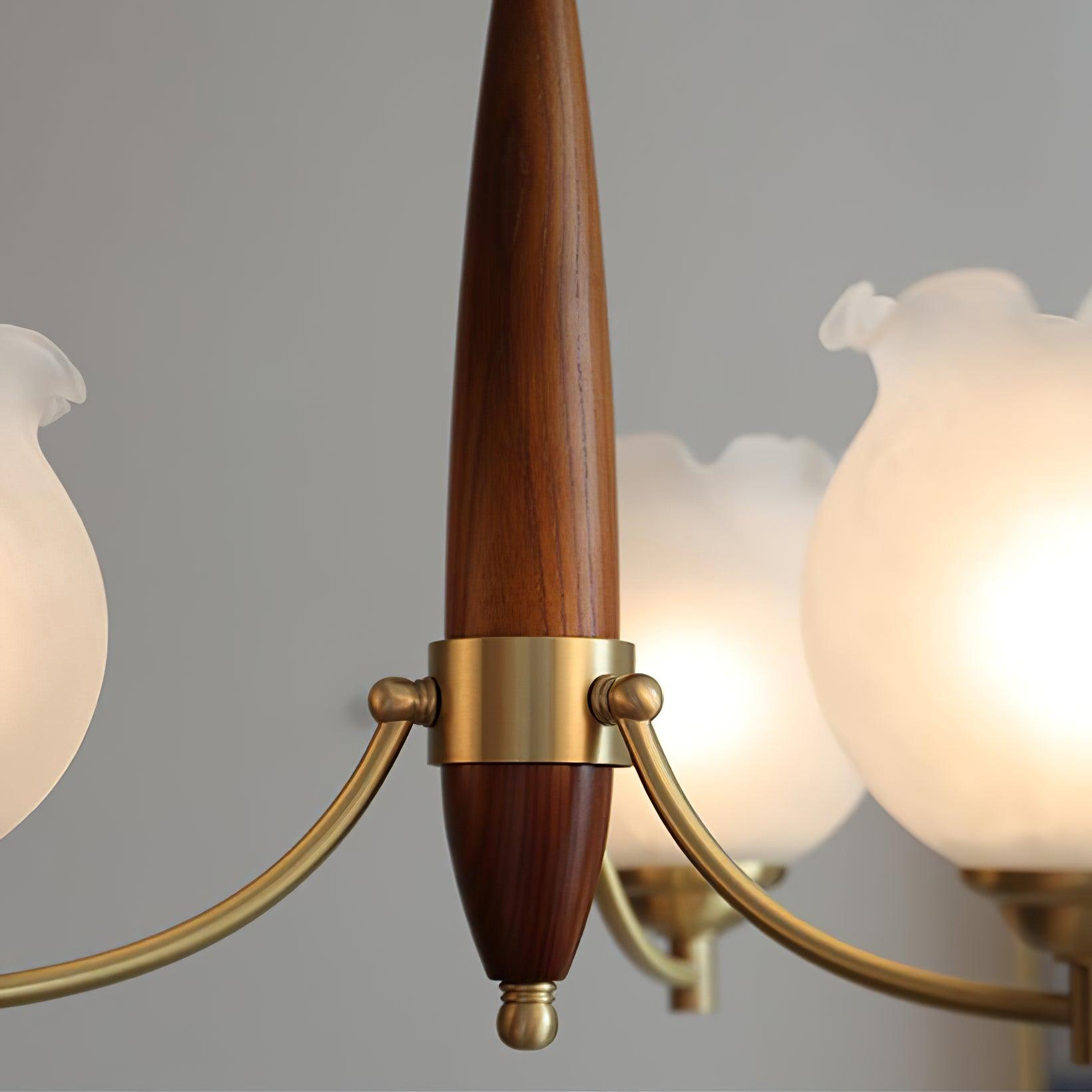 Lustra Chandelier Tulip Glass Wood Brass Vintage - Letslighting